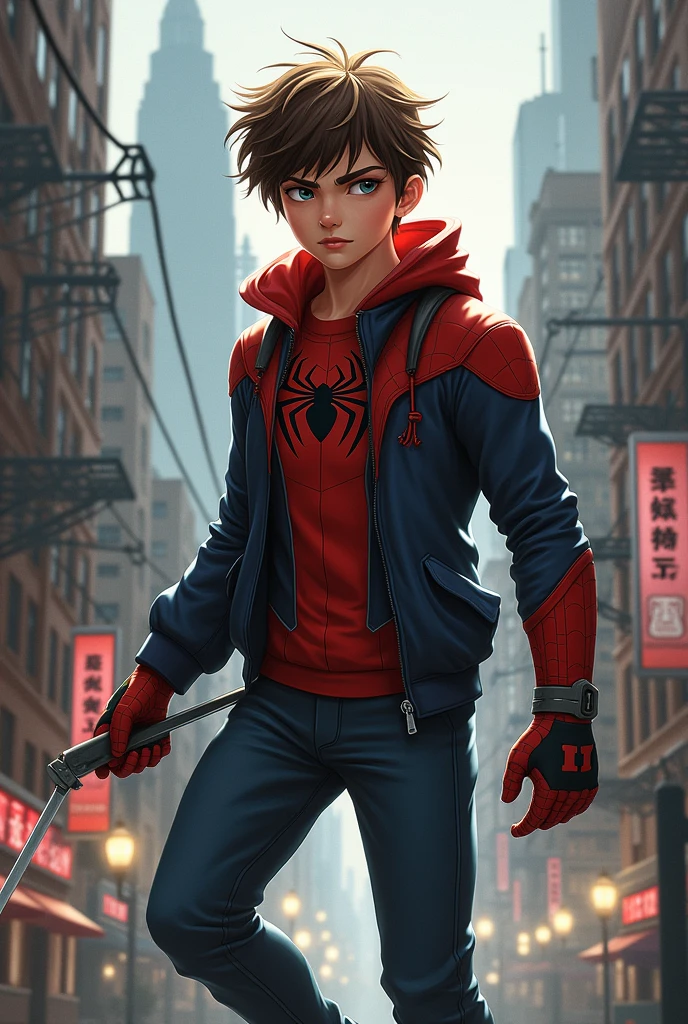 Sky blue and red teenager espaiderman With a sweatshirt that has a cap, with black gloves.