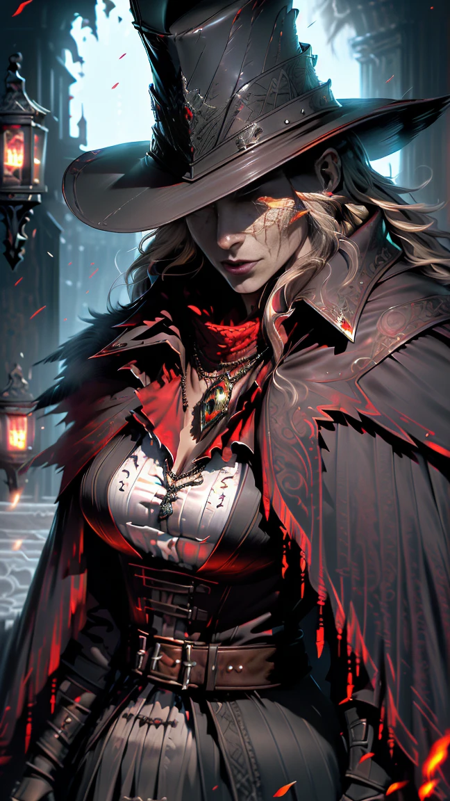 (highly detailed), (realistic), (cinematic lighting), beautiful female hunter, dark gothic hat with intricate feathers, red highlights, long flowing dark coat with ornate armor detailing, sharp piercing gaze, (red and black tones), glowing emblem necklace, dark fantasy setting, strong contrast, dramatic lighting, embers floating in the air, (mystical gothic atmosphere), (4K, ultra HD).