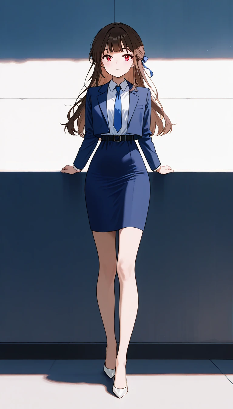  long hair,  brown hair, bangs、ribbon、 red eyes, full body style that reflects your whole body、Normal milk、 narrow waist 、Bare legs、 in a suit、 blue jacket , collared shirt 、 white shirt、 blue tie,belt、 blue mini pencil skirt, black tights、White pumps、Anime Images、