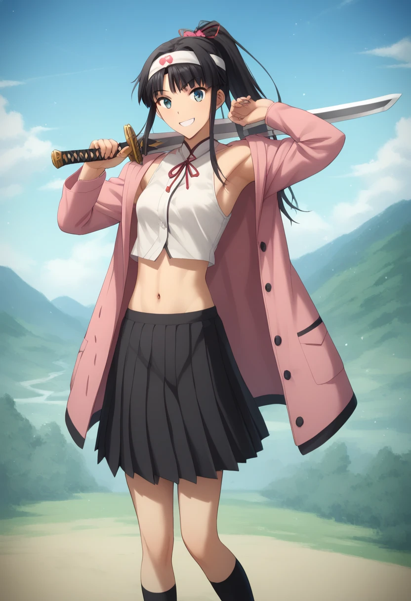   Masterpiece ,  top quality,  Takeuchi Takashi ,  one girl, Long black hair, ponytail,Character portrait,whole body, smiling gently ,Armpits exposed,Navel exposed,Sword in right hand, is pulling out the sword, holding a sword ,one sword ,刀のwhole body,I'm wrapping a scabbard around my waist, Viewer Target,Height: 154cm,Momotaro, black skirt（Pleated mini skirt）,Long sleeves,Japanese clothing, lots of exposure,Slim body,Headband on head,Thighs,Black shoes, black knee-highs,pink coat,Peach on the forehead, Scenery（grassland,blue sky）