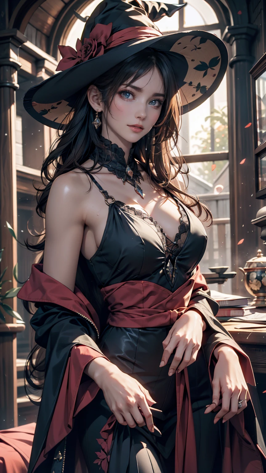 24 year old Caucasian female、blue eyes、Sexy proportions、Sexy、A mask used at masquerade balls that covers only the eyes、Bright red lipstick、Bewitching Smile、Wear a lace-embellished dress that reveals the décolletage、Put on long gloves、Long eyelashes、necklace、ring、