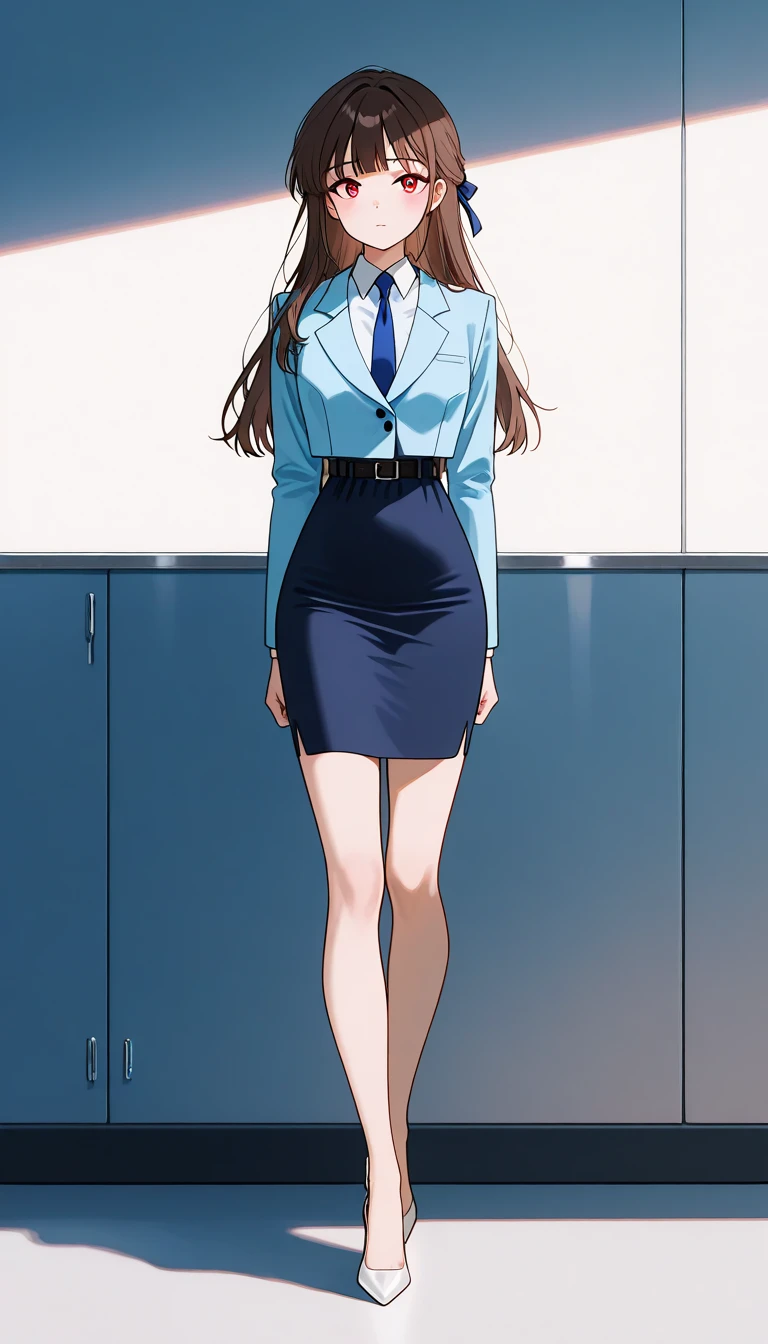  long hair,  brown hair, bangs、ribbon、 red eyes, full body style that reflects your whole body、Normal milk、 narrow waist 、Bare legs、 in a suit、Light blue jacket, collared shirt 、 white shirt、 blue tie,belt、 light blue mini pencil skirt, black tights、White pumps、Anime Images、