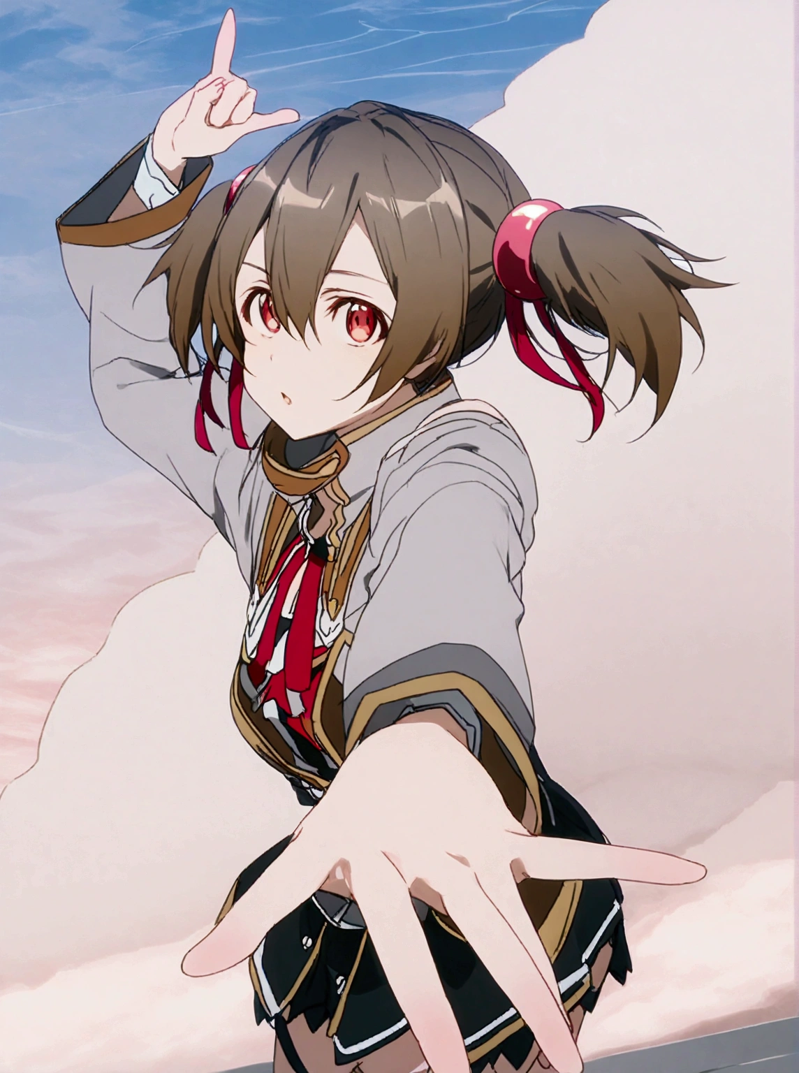 Silica posing with arms outstretched and pointing, Almost clear sky in the background . 