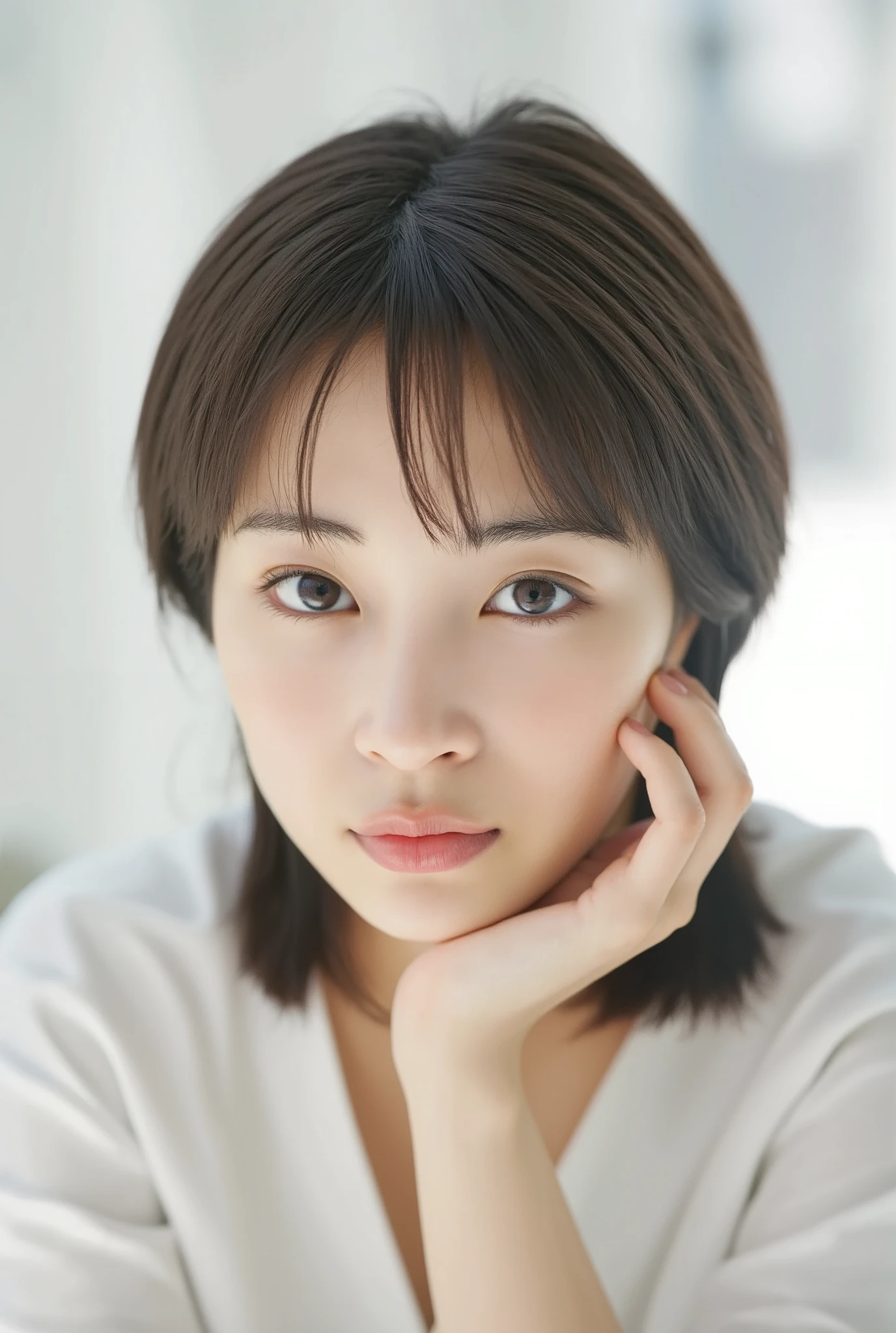 (Ultra-precise human anatomy , top quality、 RAW photo、8k、32K、 Masterpiece 、 realistic 、 photorealistic:1.37)、Cute Japanese women images、 tank top in front of urinal、 Shot in natural light、 upper body、 1 girl、Photo Mapping、Physically Based Rendering、 high image quality、 high definition 、1080P、( beautiful face)、(Detailed description of the face)、( Detailed description of the hand setter'Muscle area)、( CG in detail)、 rich details 、( Stunning Features :1.35)、( detail eyes)、 looking forward to your eyes、Delicate clavicle、 Various Poses、非常にリアルで詳細な若い女性の upper bodyポートレート。The skin is beautiful、 Soft light is reflected in the high part of the cheek .、 Tiny pores and hair follicles、 You can see even the thinnest blood vessels 。The skin is smooth、natural flushing of cheeks 、Healthy glow。 The eyes are large and clear blue、Her iris has fine patterning、 Light is reflecting and shining in the eye。 There is a slight shadow under her eye 、 Her eyelashes are long and naturally curled。 her lips are soft pink 、Smooth texture with a natural glow、 Slightly reflects light。 the woman wears a simple white top .、 background is pale black and white gradation .、焦点は完全に顔と upper bodyに当たっている。 realistic shadows and textures、 picture-like depiction、 waist、Waist、thigh