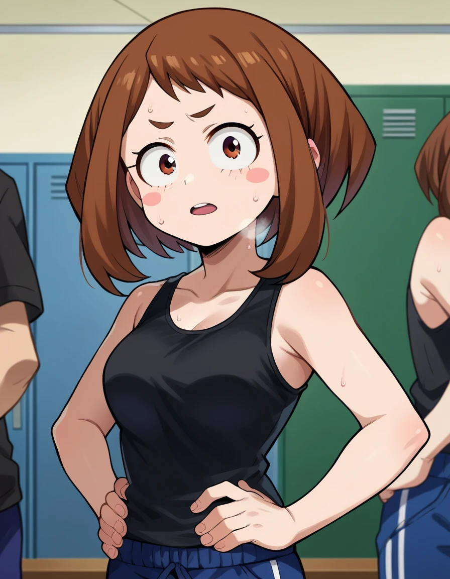 score_9, score_8_up, score_7_up, source_anime,
ochakouraraka, ochako uraraka, brown eyes, brown hair, short hair, blush, blush stickers,
bare shoulders, pants, black shirt, tank top, blue pants, black tank top, track pants,
indoors,
looking at viewer, cowboy shot, , dynamic pose, hands on hips open mouth, hands on hips, sweaty, out of breath