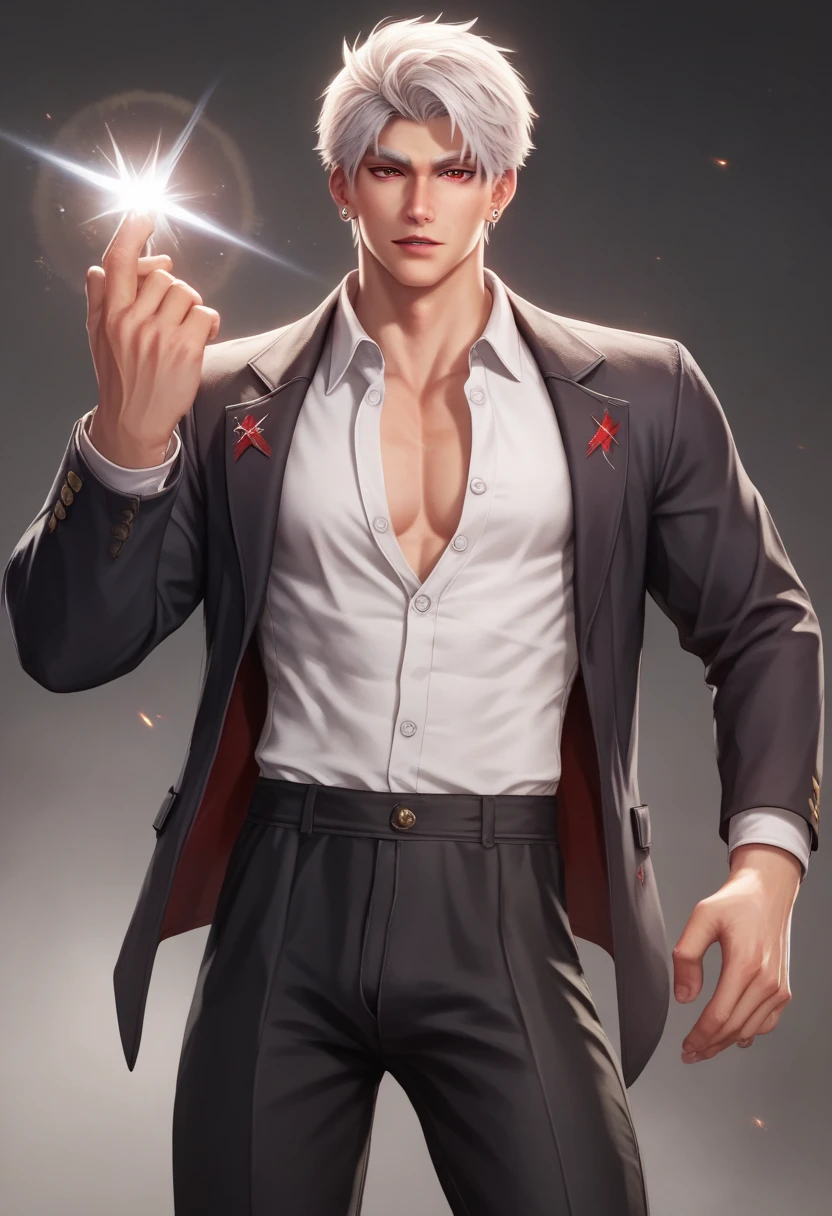 1 man, adult man, 30 years old man, solo, short hair, white hair,red eyes, long white eyelashes, silver jewelry, athletic build, silver ear piercing, pale skin sexy man, unbuttoned white shirt, black jacket, black pants, on the background of a homely atmosphere, full-length, looks at the viewer, cinematic lighting, masterpiece, best quality, dynamic pose