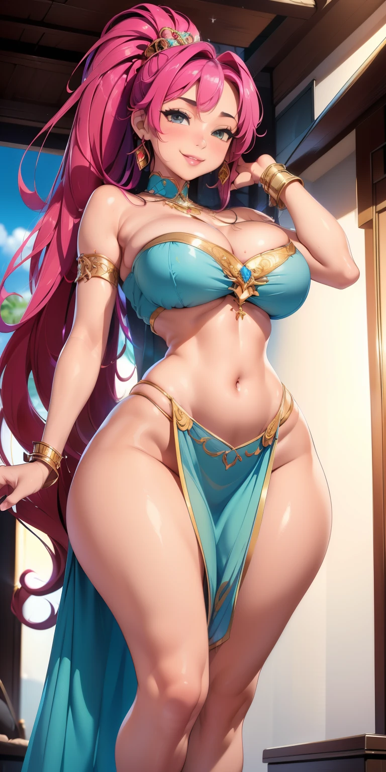 ((masterpiece)), ((best quality)), (detailed), perfect, solo, Jasmine, luscious smiling lips, manic smile, love-filled eyes, long anime colored hair, high ponytail, curly hair, huge breasts, deep cleavage, large breasts, ( large breasts) Bermuda ( wide hips ), ( thick thighs ) .creating a dreamy and magical atmosphere, provocative pose, perfect slim fit body, slim body, slim thick, curvy silhouette, sexy, Belly dancer outfit, strapless dress, view from below