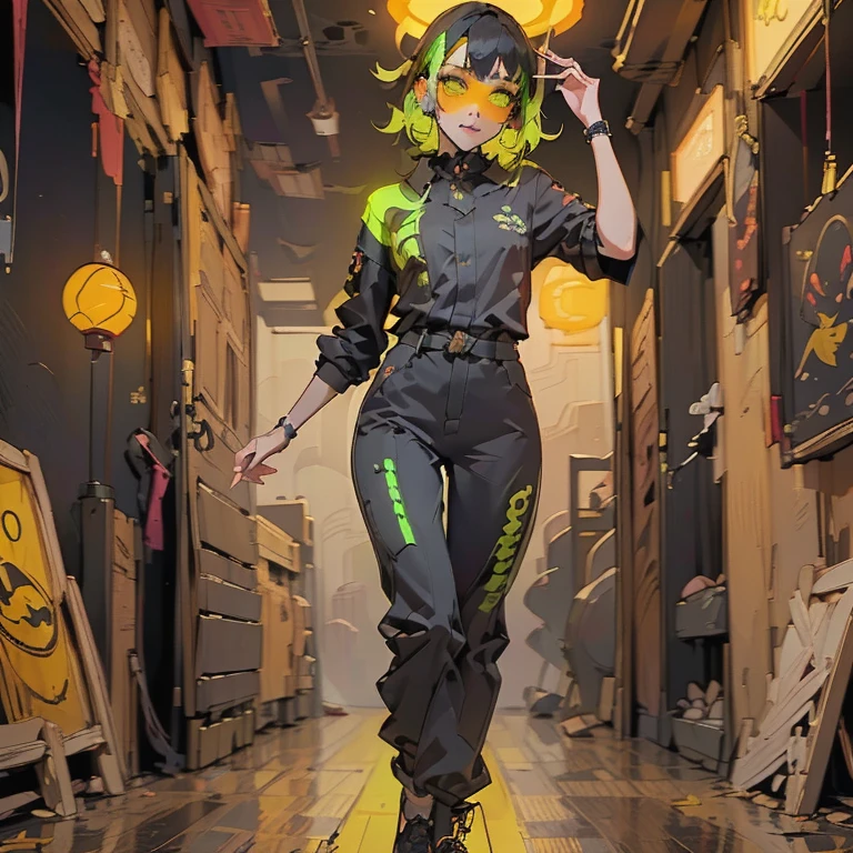 Black workwear jumpsuit、A woman wearing a costume with glowing yellow-green lines, cyber punk, Hard Rock Metal, Mosh Pit, (Highest quality,4K,8k,High resolution,masterpiece:1.2),Live Stage、Costume with glowing yellow-green lines、Large sunglasses,Punkish hairstyle、Full body portrait
