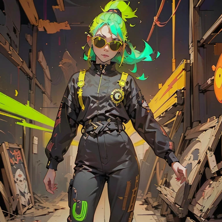 Black workwear jumpsuit、A woman wearing a costume with glowing yellow-green lines, cyber punk, Hard Rock Metal, Mosh Pit, (Highest quality,4K,8k,High resolution,masterpiece:1.2),Live Stage、Costume with glowing yellow-green lines、Large sunglasses,Punkish hairstyle、Full body portrait
