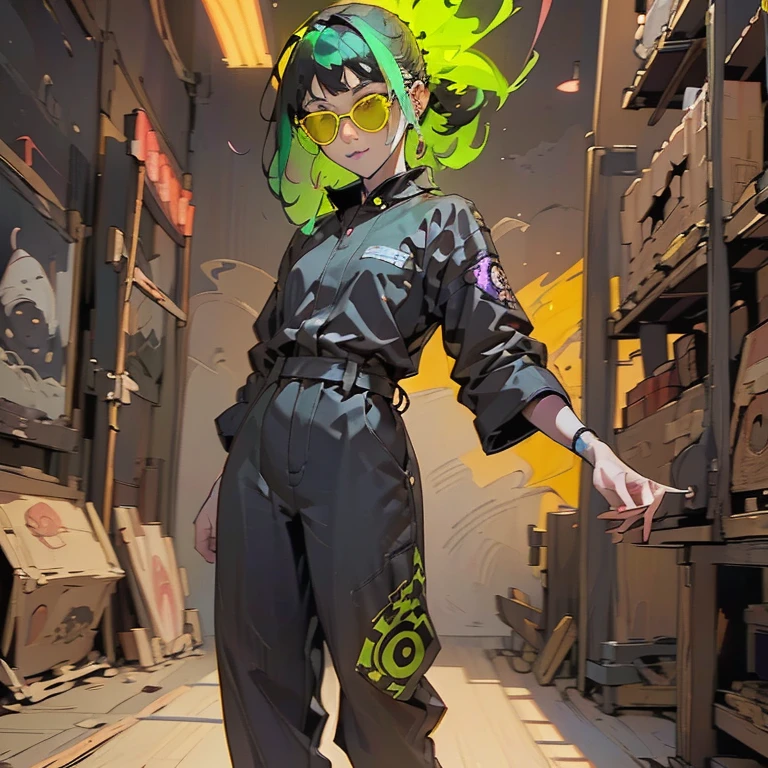 Black workwear jumpsuit、A woman wearing a costume with glowing yellow-green lines, cyber punk, Hard Rock Metal, Mosh Pit, (Highest quality,4K,8k,High resolution,masterpiece:1.2),Live Stage、Costume with glowing yellow-green lines、Large sunglasses,Punkish hairstyle、Full body portrait
