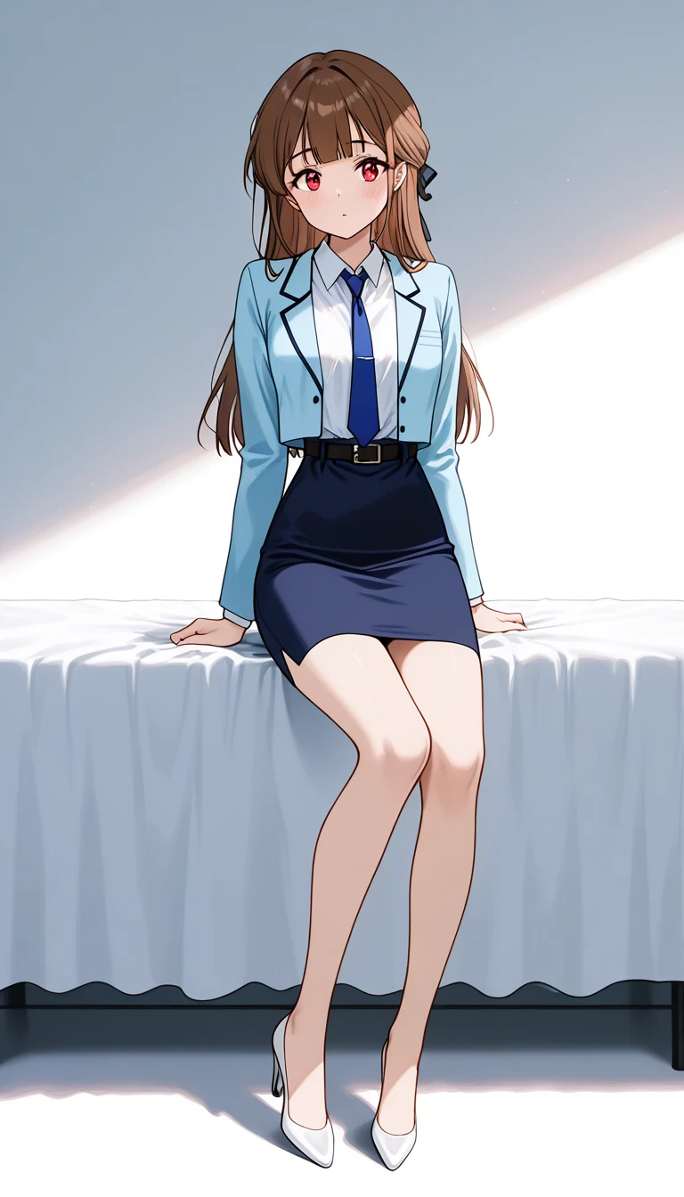  long hair,  brown hair, bangs、ribbon、 red eyes, full body style that reflects your whole body、Normal milk、 narrow waist 、Bare legs、 in a suit、Light blue jacket, collared shirt 、 white shirt、 blue tie,belt、 light blue mini pencil skirt, black tights、White pumps、Anime Images、
