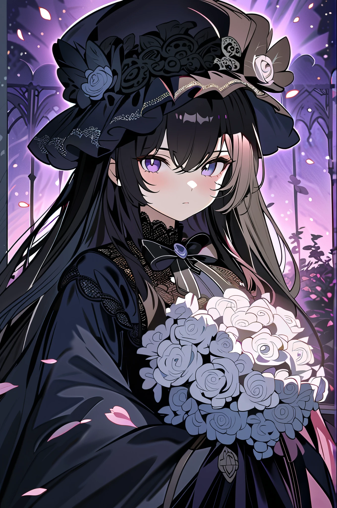 1girl,,face not visible,black Gothic dress,black hat,white bouquet,(holding white bouquet),standing,front,(black petals flying in profusion),Rain of petals,many petals,innumerable petals,petals floating in the air,Art Deco,Color Field painting,rococo style,chiaroscuro,cinematic lighting,large quantity of petals,night,dark fantasy,graveyard background,masterpiece,best quality,ultra detailed,8k portrait,unity 8k wallpaper,super fine illustration