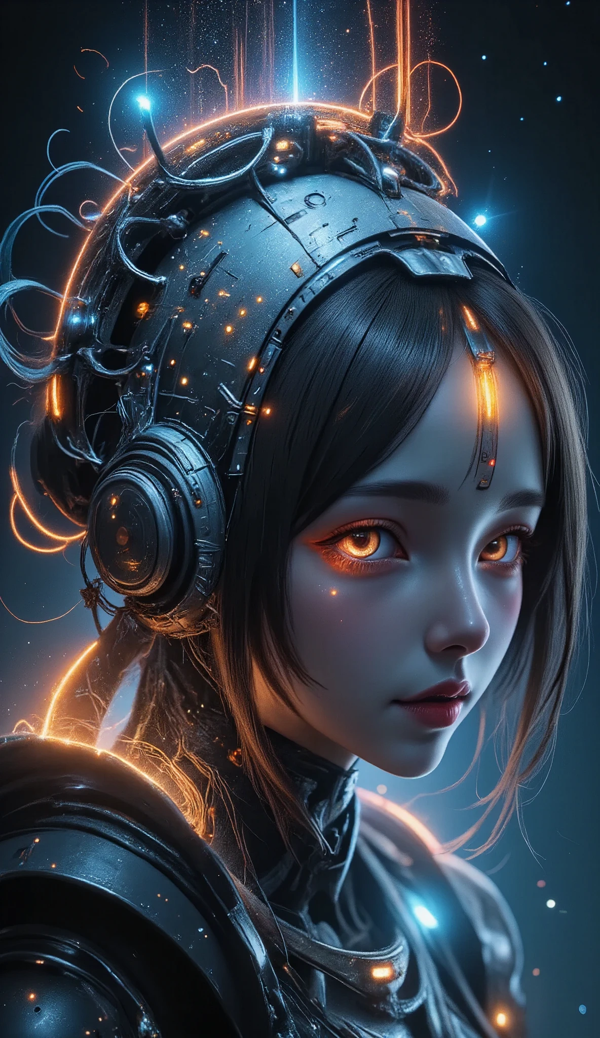 A woman with headphones and glowing eyes in a dark room - SeaArt AI