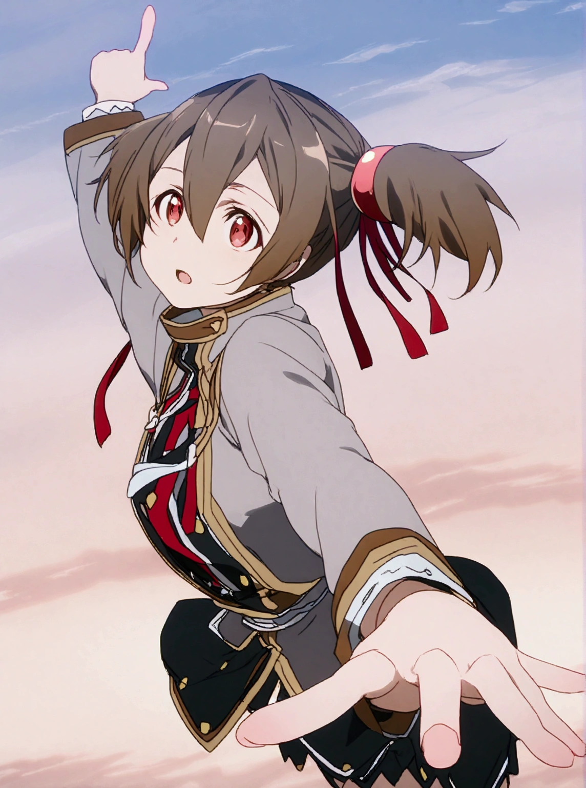 Silica posing with arms outstretched and pointing, his classic red suit, Almost clear sky in the background . 