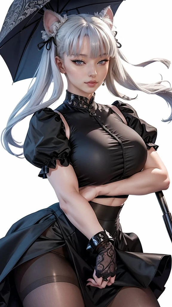 a cat girl smiling, goth clothing style, lace cloth clothing, wearing a mini ruffled skirt and crop shirt, shirt with short puffy sleeves, nylons, strap pumps, holding an umbrella, floating, creepy, horror style, dynamic pose
