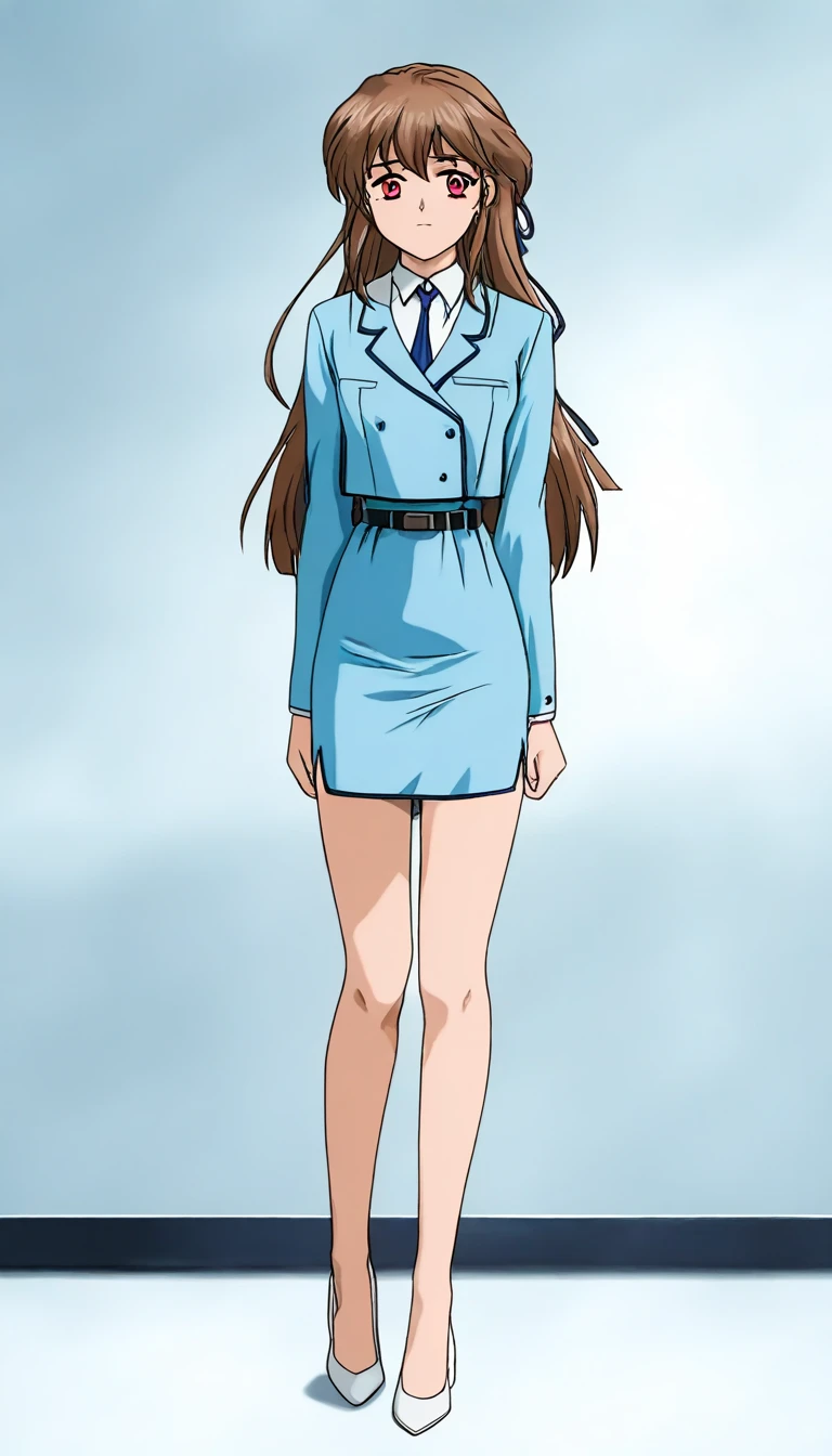  long hair,  brown hair, bangs、ribbon、 red eyes, full body style that reflects your whole body、Normal milk、 narrow waist 、Bare legs、 in a suit、Light blue jacket, collared shirt 、 white shirt、 blue tie,belt、 light blue mini pencil skirt, black tights、White pumps、Anime Images、
