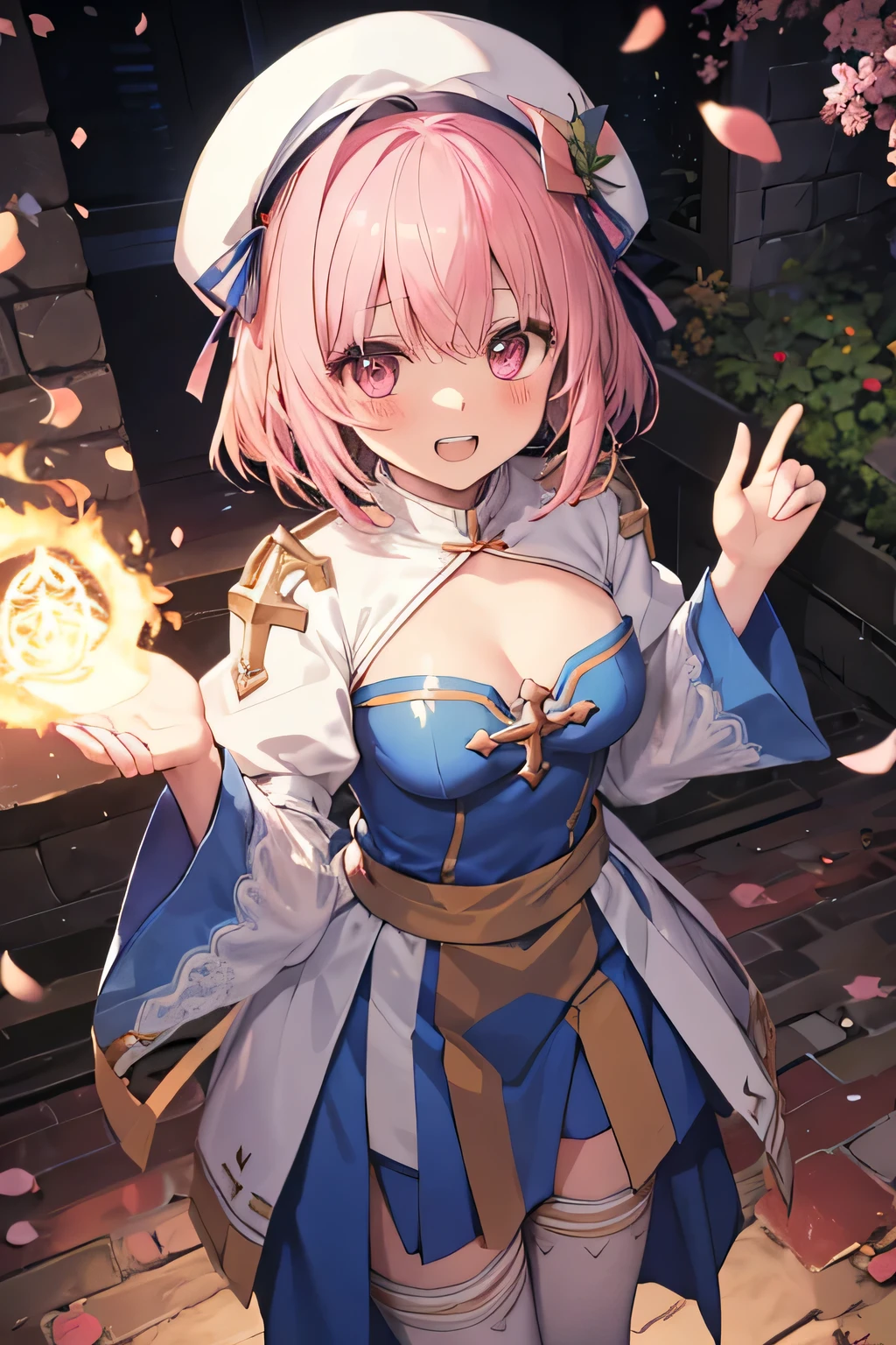 happy girl ( showing teeth), standing, combat pose,  pink hair color,  mmorpg background ,  mmorpg background (A stranger), complete anatomy,   graphic effects ,  ornament of a flower-shaped accessory on the head, aura, white beret, height 159 cm  ( 5 feet 3 inches ),  summoning circle,  Castea Heal Skill( ragnarok online ), Blue Fire Force +vapor,  fire around, strong breeze ,  sakura petals and leaves, primera persona, blush,  looking at the spectator , Charm, Pausa de toque ciego  looking at the spectator ,  very detailed face , 8K, light and shadow effect.  Masterpiece.