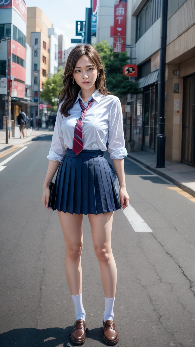 a beautiful 18 year old Japanese high school girl with perfect anatomy, healthy thighs, beautiful legs, beautiful skin, random hair color and style, large breasts, (wearing a Japanese schoolgirl uniform:1.3), (she is standing:1.2), penny loafers, holding a student bag, full body shot, standing on a city street, (best quality,4k,8k,highres,masterpiece:1.3),(extremely detailed:1.2),photorealistic,ultra-detailed,vivid colors, studio lighting, professional, Yui Aragaki