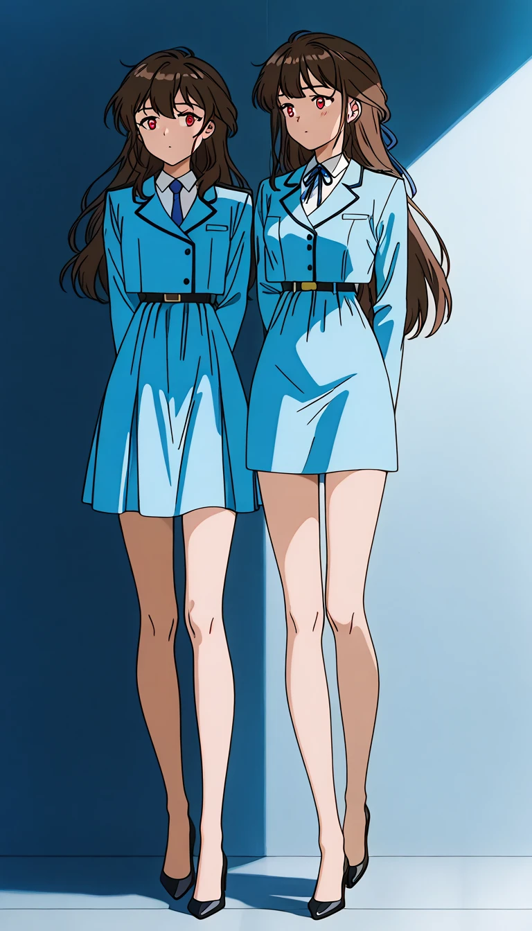  long hair,  brown hair, bangs、ribbon、 red eyes, full body style that reflects your whole body、Normal milk、 narrow waist 、Bare legs、 in a suit、 blue jacket , collared shirt 、 white shirt、 blue tie,belt, blue mini pencil skirt、 black high heel pumps 、Anime Images、
