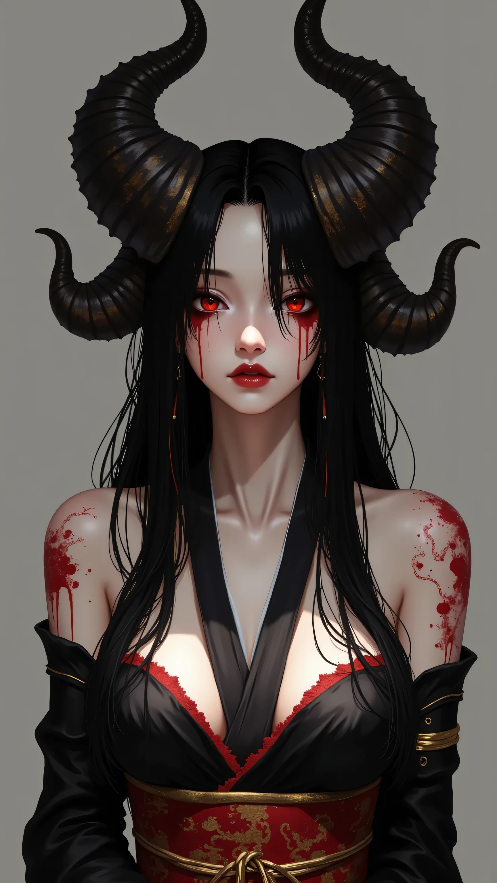 (A succubus woman with long black hair, red eyes, snake-like pupils, wearing a black kimono, red lips, and bronzed skin, demonic black horns),(best quality,4k,8k,highres,masterpiece:1.2),ultra-detailed,(realistic,photorealistic,photo-realistic:1.37),dramatic lighting,dark fantasy,moody atmosphere,cinematic,dramatic pose,intricate details