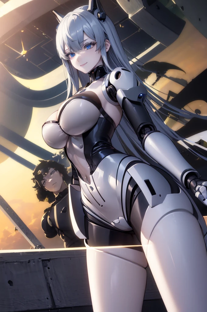 (masterpiece),(Highest quality),(Super detailed),(Best illustrations),(Best Shadow),(Absurd),(Detailed Background),(so beautiful), 16K, 8K, 4K,(Best Shadow),robotization,woman ,big bust,Robot Joint ,Metal skin,Black robot Suit,long hair,a black robot suit that covers the whole body,robot hand,cyber bodysuit,mecha head,(Detailed hands and fingers:1.2),Ball joint robot body,doll joint,beautiful face,beautiful robot girl,robotic eye,robotic hands,(no more human skin),android girl,cyborg girl,F cup, sexy body,(machine made joints:1.2),(machanical limbs:1.1),(blood vessels connected to tubes),(mechanical vertebra attaching to back),(mechanical cervial attaching to neck),no messy picture style,no emotion,tech control,black robot suit,maintenance,smile,hypno,highleg,leotard