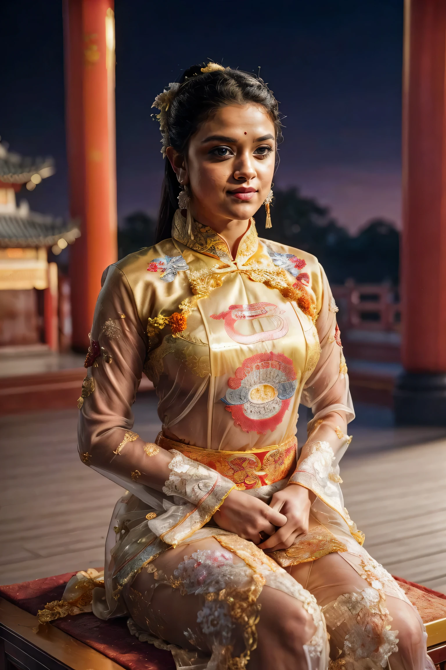 ,Masterpiece, best quality, Keerthy suresh kpd, particles,nighttime,full body,KOF:Mai Shiranui ,(((Wearing Transparent ancient Chinese palace embroidery clothing;Golden lace))), Jewelry ,Elegant sitting posture,Masterpiece,best quality,official art,extremely detailed, 3D, Cinema 4D,8k,photorealistic:1.4, ( ##color-tattoo ##,color-tattoo, ~+color-tattoo),(Perfect female curves, huge stacked breast),(A seductive gaze), Facing the camera, Pink lips,Delicate fingers and hands,magic hour, Rembrandt lighting, front lighting and fill lighting, hard shadow,