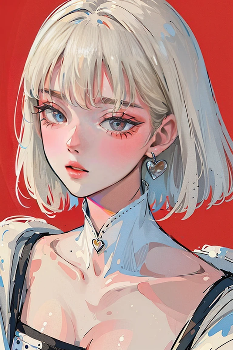 (Portrait:1.4), (masterpiece:1.2, best quality:1.2), bottom up, full body, 1 white short haired girl, solo, Looking down, face focus, extreme face detail, cold eyes, extremely detailed eyes, good looking, makeup, finger on lips, blood red eyes, thin, slim, white feather coat, black tights, scenery , (at the cafe)