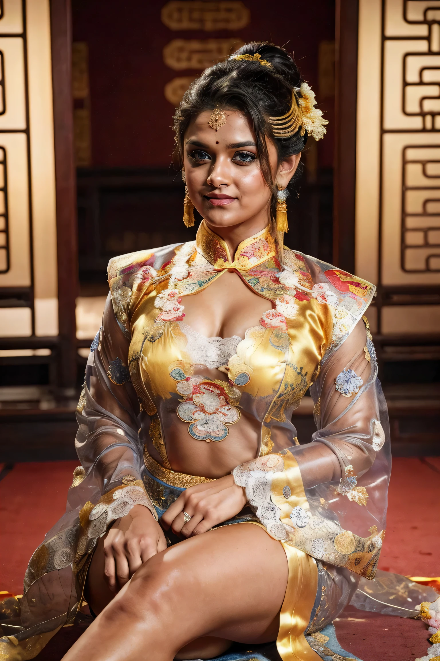 ,Masterpiece, best quality, Keerthy suresh kpd, particles,nighttime,full body,KOF:Mai Shiranui ,(((Wearing Transparent ancient Chinese palace embroidery clothing;Golden lace))), Jewelry ,Elegant sitting posture,Masterpiece,best quality,official art,extremely detailed, 3D, Cinema 4D,8k,photorealistic:1.4, ( ##color-tattoo ##,color-tattoo, ~+color-tattoo),(Perfect female curves, huge stacked breast),(A seductive gaze), Facing the camera, Pink lips,Delicate fingers and hands,magic hour, Rembrandt lighting, front lighting and fill lighting, hard shadow,