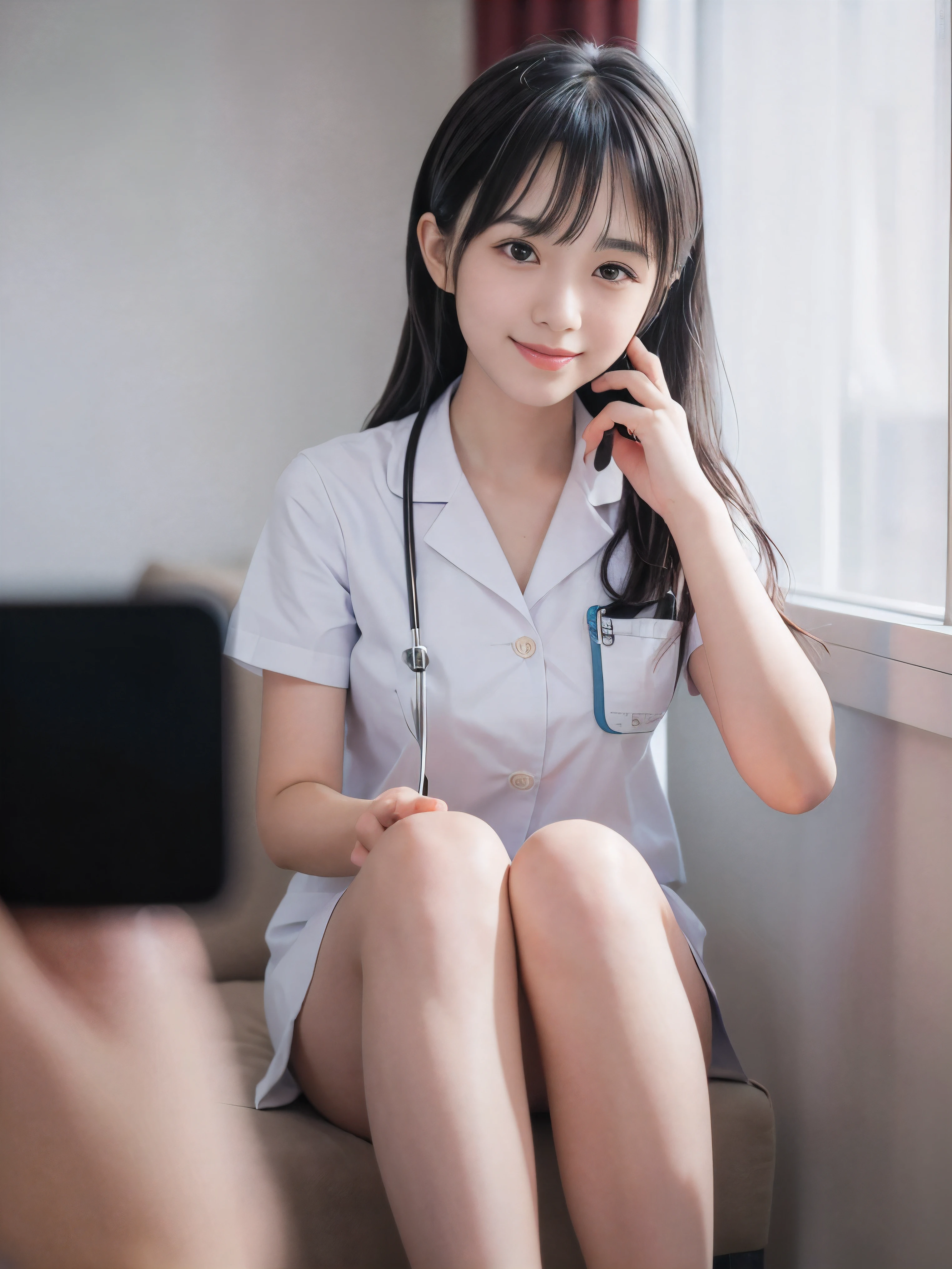 (Close-up face shot of one slender small breasts two side up black medium hair with bangs girl in a white nurse uniform :1.5)、(One girl is calling by smart phone in the hospital with small smile:1.5)、(blurred background:1.5)、(Natural light:1.5)、(8k ultra detailed master piece:1.5)、(perfect anatomy:1.5)、(Photorealistic stick:1.5)、(Raw photo:1.3)、(highest quality:1.5)、(High resolution:1.3)、(Delicate and beautiful perfect face:1.3)、(Delicate and beautiful eye air skin:1.3)、(Real Human Skin:1.3)、((thin legs))
