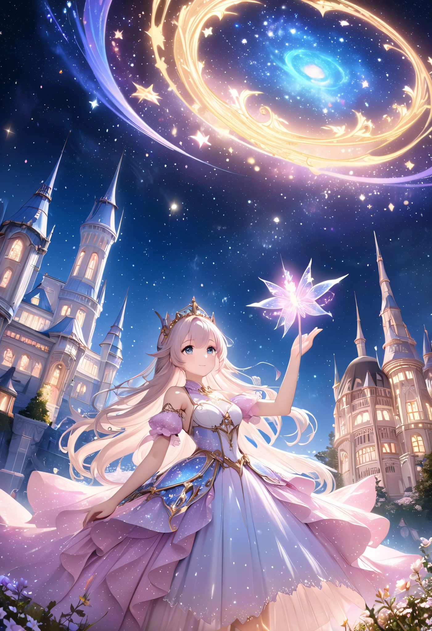  ( top quality, 8k,  high definition ,  high image quality,  Masterpiece), Fantastic starry sky,  Magical Girl waving a magic wand ,  the most beautiful anime girl, Starry Castle , Mystery,  fairy tale, Ultra Details, A magical night,  Dreamy Charm , Celestial Beauty ,  Wonder and Magic , Mysterious castle,  Fairy Tales in Reality ,  Radiant Elegance ,  Whimsical Charm ,  Magical Aura , Twinkling Stars, Guardian of the Light,  fantasy world, Night Wizard,  Fascinating Adventures ,  Legendary Tales ,  backgrounds, Detailed digital CG , 