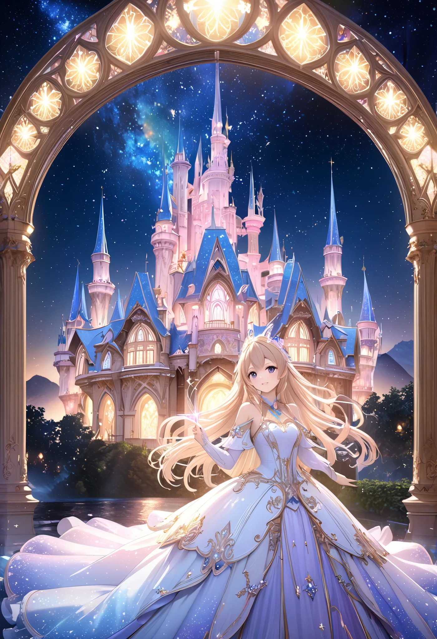  ( top quality, 8k,  high definition ,  high image quality,  Masterpiece), Fantastic starry sky,  Magical Girl waving a magic wand ,  the most beautiful anime girl, Starry Castle , Mystery,  fairy tale, Ultra Details, A magical night,  Dreamy Charm , Celestial Beauty ,  Wonder and Magic , Mysterious castle,  Fairy Tales in Reality ,  Radiant Elegance ,  Whimsical Charm ,  Magical Aura , Twinkling Stars, Guardian of the Light,  fantasy world, Night Wizard,  Fascinating Adventures ,  Legendary Tales ,  backgrounds, Detailed digital CG , 