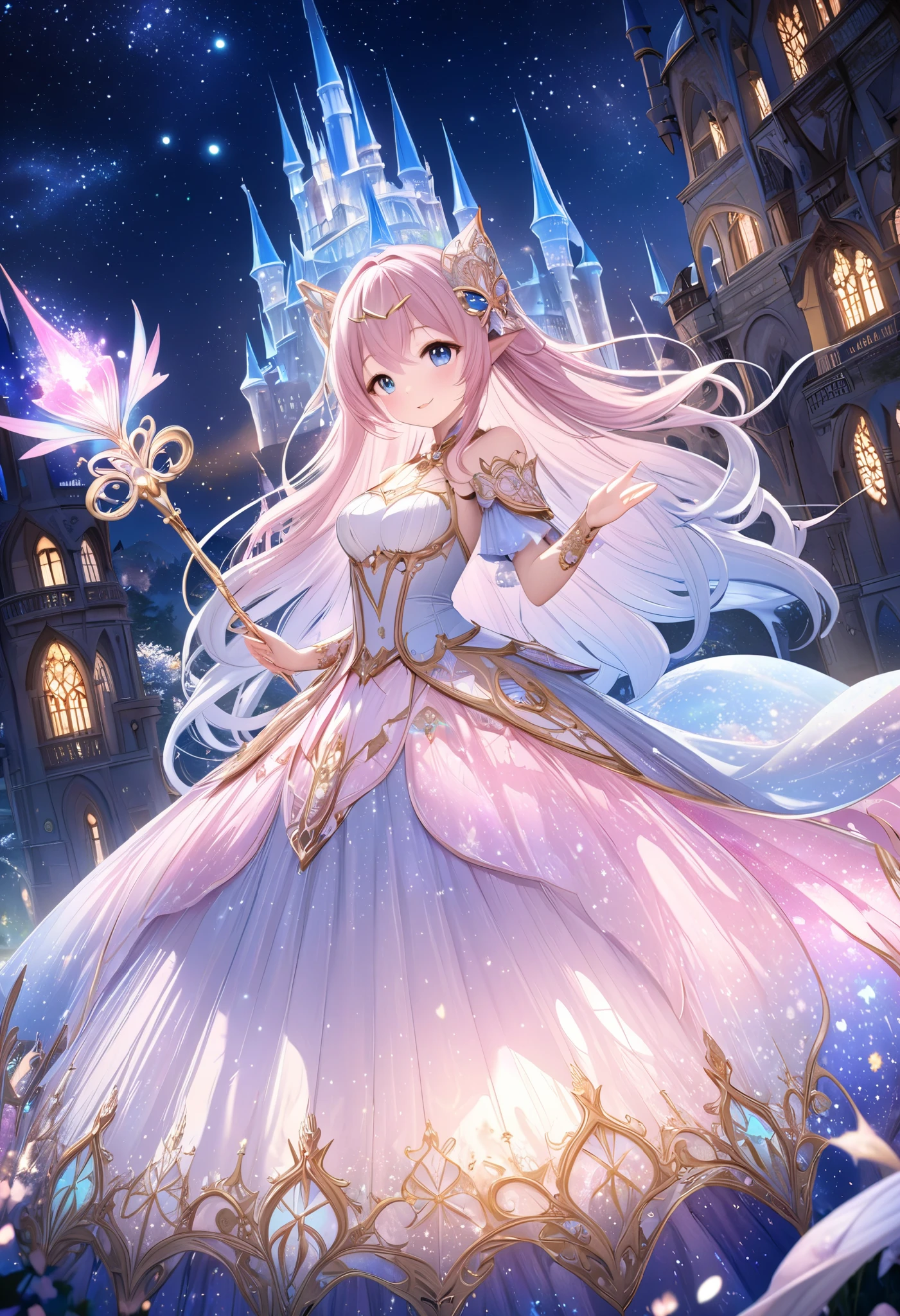  ( top quality, 8k,  high definition ,  high image quality,  Masterpiece), Fantastic starry sky,  Magical Girl waving a magic wand ,  the most beautiful anime girl, Starry Castle , Mystery,  fairy tale, Ultra Details, A magical night,  Dreamy Charm , Celestial Beauty ,  Wonder and Magic , Mysterious castle,  Fairy Tales in Reality ,  Radiant Elegance ,  Whimsical Charm ,  Magical Aura , Twinkling Stars, Guardian of the Light,  fantasy world, Night Wizard,  Fascinating Adventures ,  Legendary Tales ,  backgrounds, Detailed digital CG , 