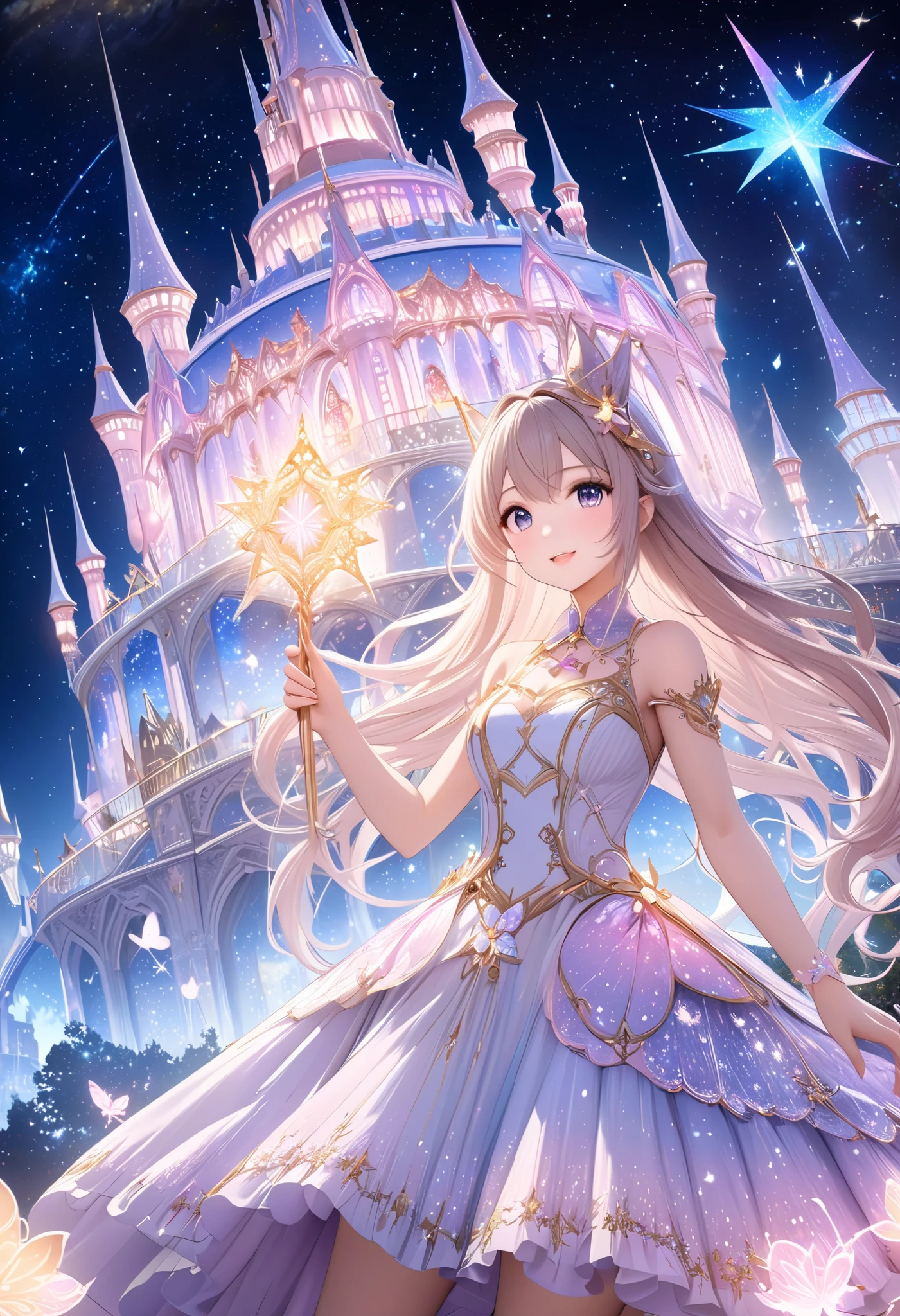  ( top quality, 8k,  high definition ,  high image quality,  Masterpiece), Fantastic starry sky,  Magical Girl waving a magic wand ,  the most beautiful anime girl, Starry Castle , Mystery,  fairy tale, Ultra Details, A magical night,  Dreamy Charm , Celestial Beauty ,  Wonder and Magic , Mysterious castle,  Fairy Tales in Reality ,  Radiant Elegance ,  Whimsical Charm ,  Magical Aura , Twinkling Stars, Guardian of the Light,  fantasy world, Night Wizard,  Fascinating Adventures ,  Legendary Tales ,  backgrounds, Detailed digital CG , 