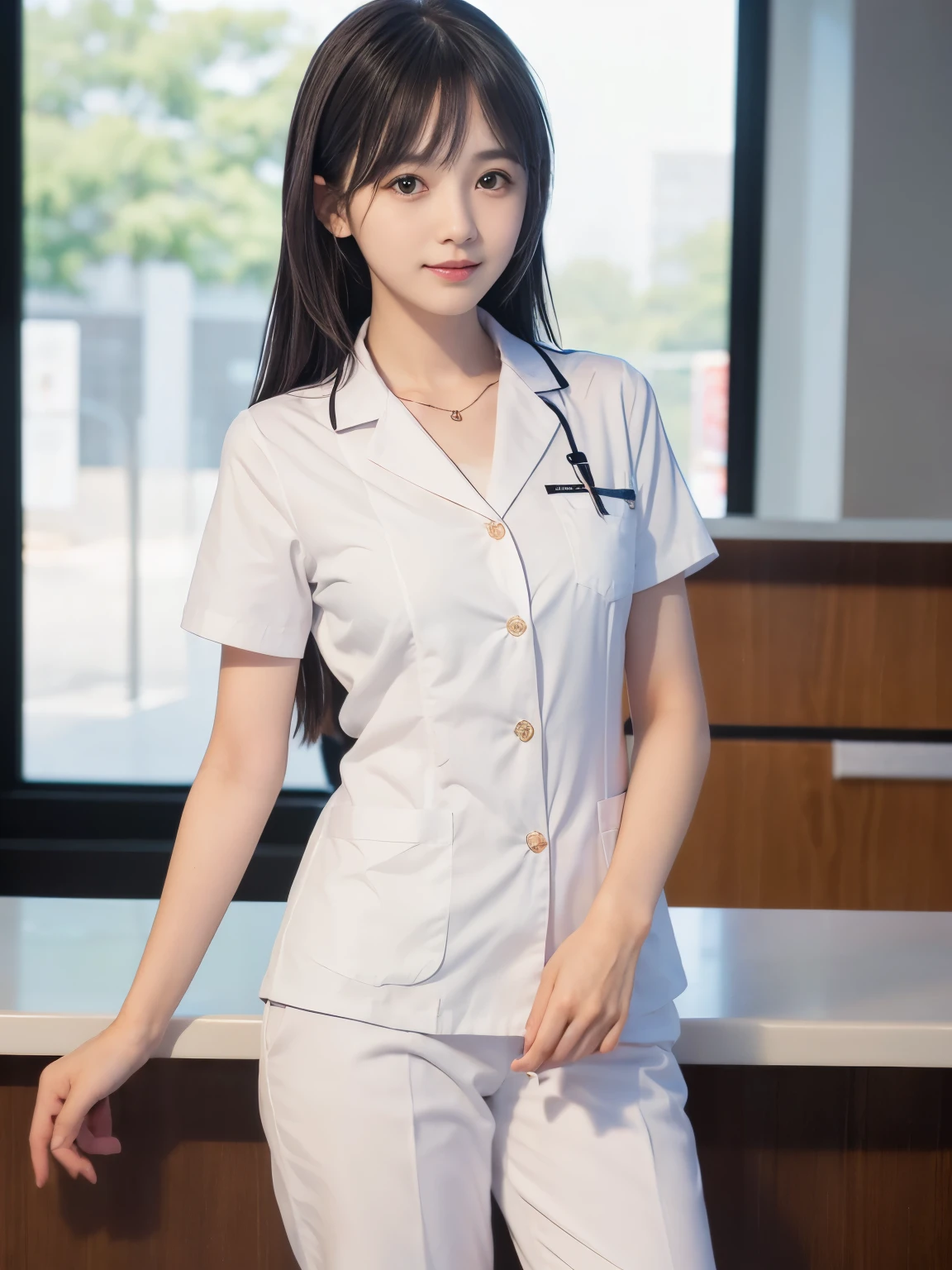 (Close-up face shot of one slender small breasts two side up black medium hair with bangs girl in a white nurse long pants uniform :1.5)、(One girl  is working at the reception counter in the hospital with small smile:1.5)、(blurred background:1.5)、(Natural light:1.5)、(8k ultra detailed master piece:1.5)、(perfect anatomy:1.5)、(Photorealistic stick:1.5)、(Raw photo:1.3)、(highest quality:1.5)、(High resolution:1.3)、(Delicate and beautiful perfect face:1.3)、(Delicate and beautiful eye air skin:1.3)、(Real Human Skin:1.3)、((thin legs))
