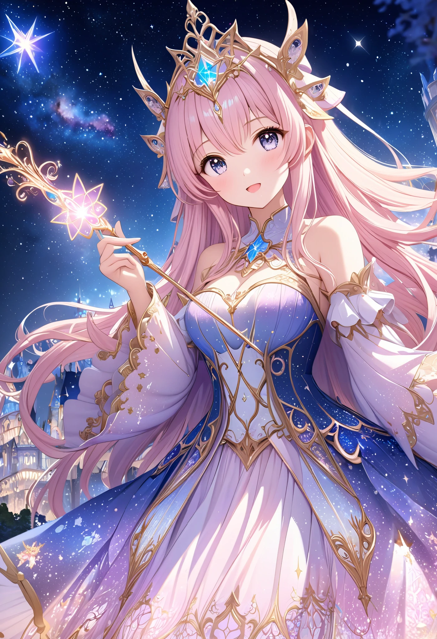  ( top quality, 8k,  high definition ,  high image quality,  Masterpiece), Fantastic starry sky,  Magical Girl waving a magic wand ,  the most beautiful anime girl, Starry Castle , Mystery,  fairy tale, Ultra Details, A magical night,  Dreamy Charm , Celestial Beauty ,  Wonder and Magic , Mysterious castle,  Fairy Tales in Reality ,  Radiant Elegance ,  Whimsical Charm ,  Magical Aura , Twinkling Stars, Guardian of the Light,  fantasy world, Night Wizard,  Fascinating Adventures ,  Legendary Tales ,  backgrounds, Detailed digital CG , 