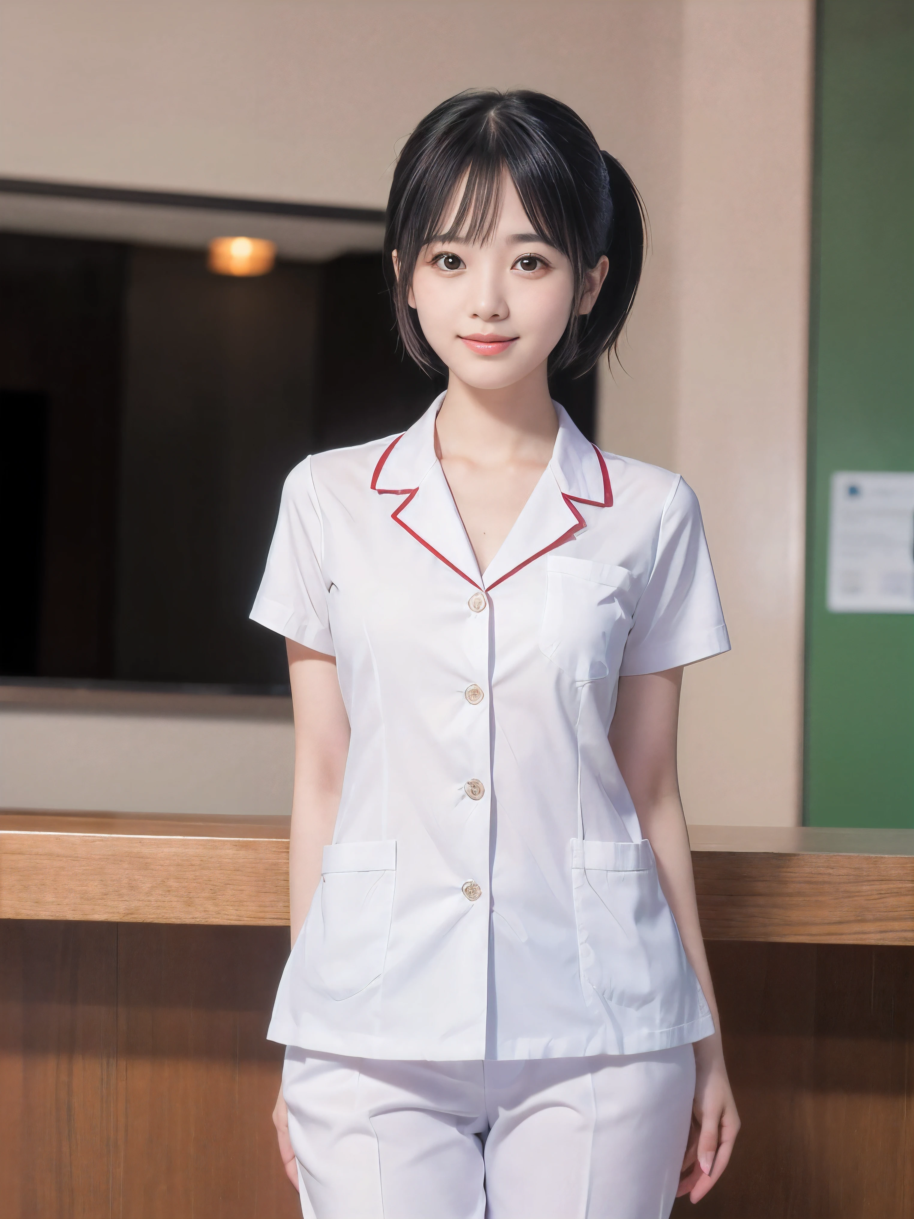 (Close-up face shot of one slender small breasts two side up black medium hair with bangs girl in a white nurse long pants uniform :1.5)、(One girl  is working at the reception counter in the hospital with small smile:1.5)、(blurred background:1.5)、(Natural light:1.5)、(8k ultra detailed master piece:1.5)、(perfect anatomy:1.5)、(Photorealistic stick:1.5)、(Raw photo:1.3)、(highest quality:1.5)、(High resolution:1.3)、(Delicate and beautiful perfect face:1.3)、(Delicate and beautiful eye air skin:1.3)、(Real Human Skin:1.3)、((thin legs))
