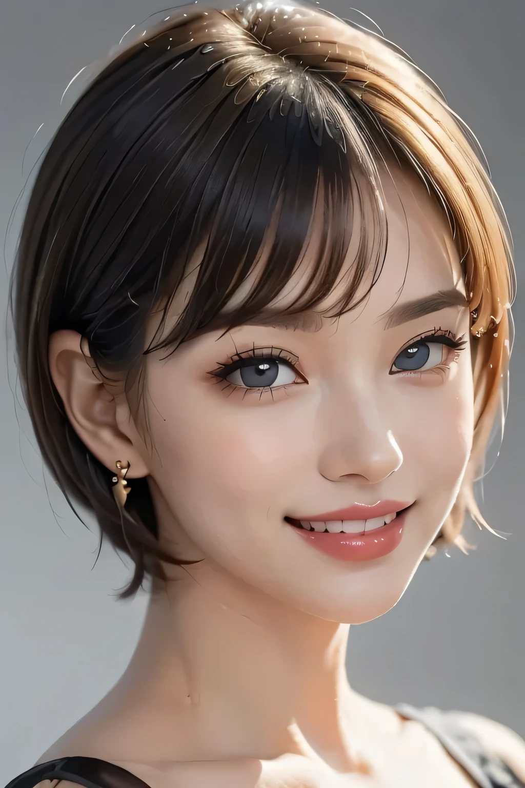 (1.  beautiful woman,  Supermodel  ), ( perfect anatomy ), ( Cowboy Shots), Golden Ratio, (top quality:1.4), 32k resolution, ( realistic  :1.5), High resolution UHD, (masterpiece:1.2), ( Very Beautiful Face Details ), (Grin), (top qualityの realistic な肌のテクスチャ), ((Black silk dress :1.37)),  earrings for a woman alone,  Necklaces , 　(Big Breasts:1.3),  very detailed,  Beautiful Eyes ,  double eyelid ,  eyelash , Shaping your eyebrows, (( very detailed)),  red cheeks , Ultra- realistic  eyes, Perfect Lips,  perfect eyes,  natural cosmetics , [ apply pink lipstick ], ((top qualityの Beautiful Eyes :1.2)), ( beautiful lips:1.33), (Great nose:1.2), ( Brunette Pixie Cut ), ((  realistic )), (( sharp concentration )), ( highest resolution), ((The most ridiculous quality)), ((masterpiece)),  Professional Cinema Lighting 