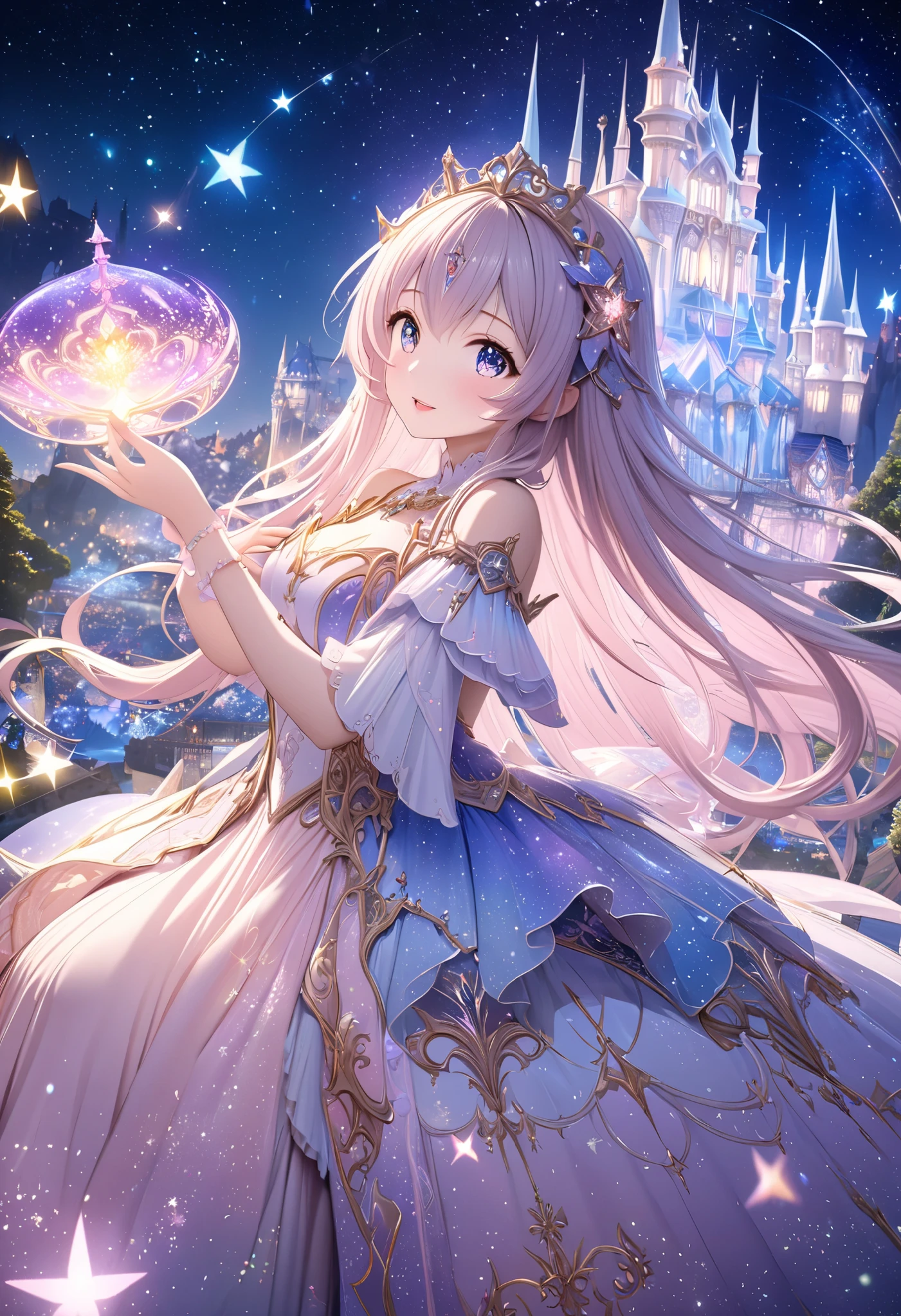  ( top quality, 8k,  high definition ,  high image quality,  Masterpiece), Fantastic starry sky,  Magical Girl waving a magic wand ,  the most beautiful anime girl, Starry Castle , Mystery,  fairy tale, Ultra Details, A magical night,  Dreamy Charm , Celestial Beauty ,  Wonder and Magic , Mysterious castle,  Fairy Tales in Reality ,  Radiant Elegance ,  Whimsical Charm ,  Magical Aura , Twinkling Stars, Guardian of the Light,  fantasy world, Night Wizard,  Fascinating Adventures ,  Legendary Tales ,  backgrounds, Detailed digital CG , 