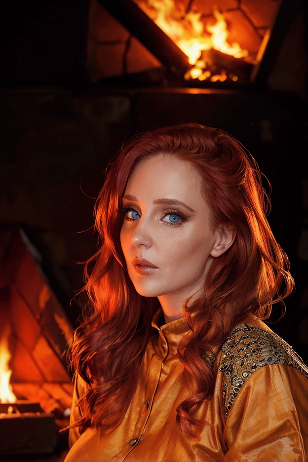 1woman, godness of fire, hot woman,godness hot woman, detailed face, jean gren reference, redhead orange, big breast, background night fire
