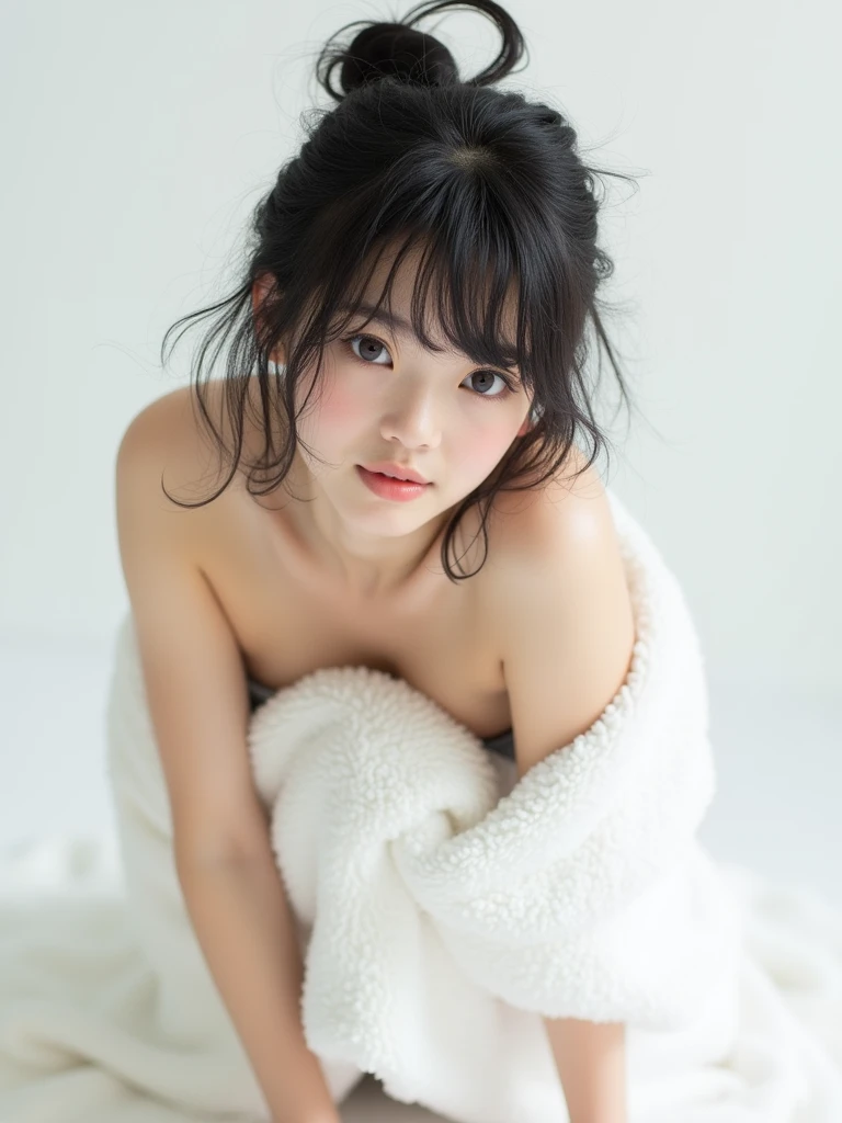 (8K、RAW Photos、Highest quality、masterpiece:1.2)、(Realistic、Realistic)、1 Girl、((Nipples、naked、get up、After sexual、morning、 Hotel Bedroom、Lying in bed、Bathrobes、smile))、cute