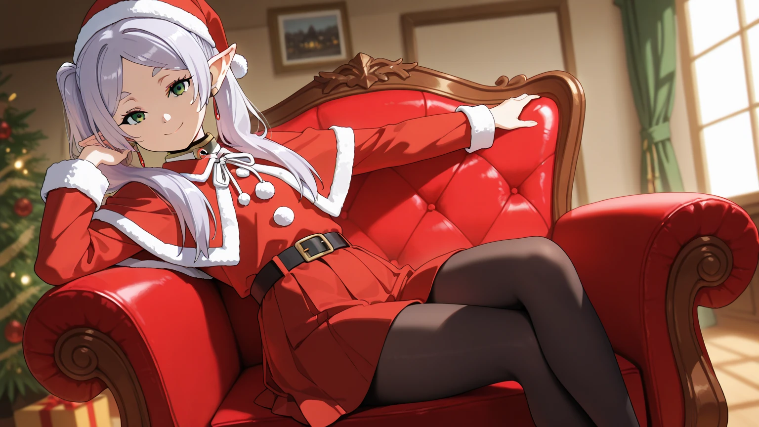 (masterpiece), best quality, absurdres, very aesthetic, looking at the viewer, nice hands, 1 girl,zzFrieren, long hair, smile,  twintails, green eyes, grey hair, pointy ears, elf, zzFrieren, long hair, twintails, green eyes, grey hair, pointy ears, elf, shirt, long sleeves, jewelry, earrings, red capelet santa , christmas, red santa hat, santa costume, living room christmas decorated,christmas room, sitting red armchair,sitting red armchair posing, red skirt, black pantyhose,