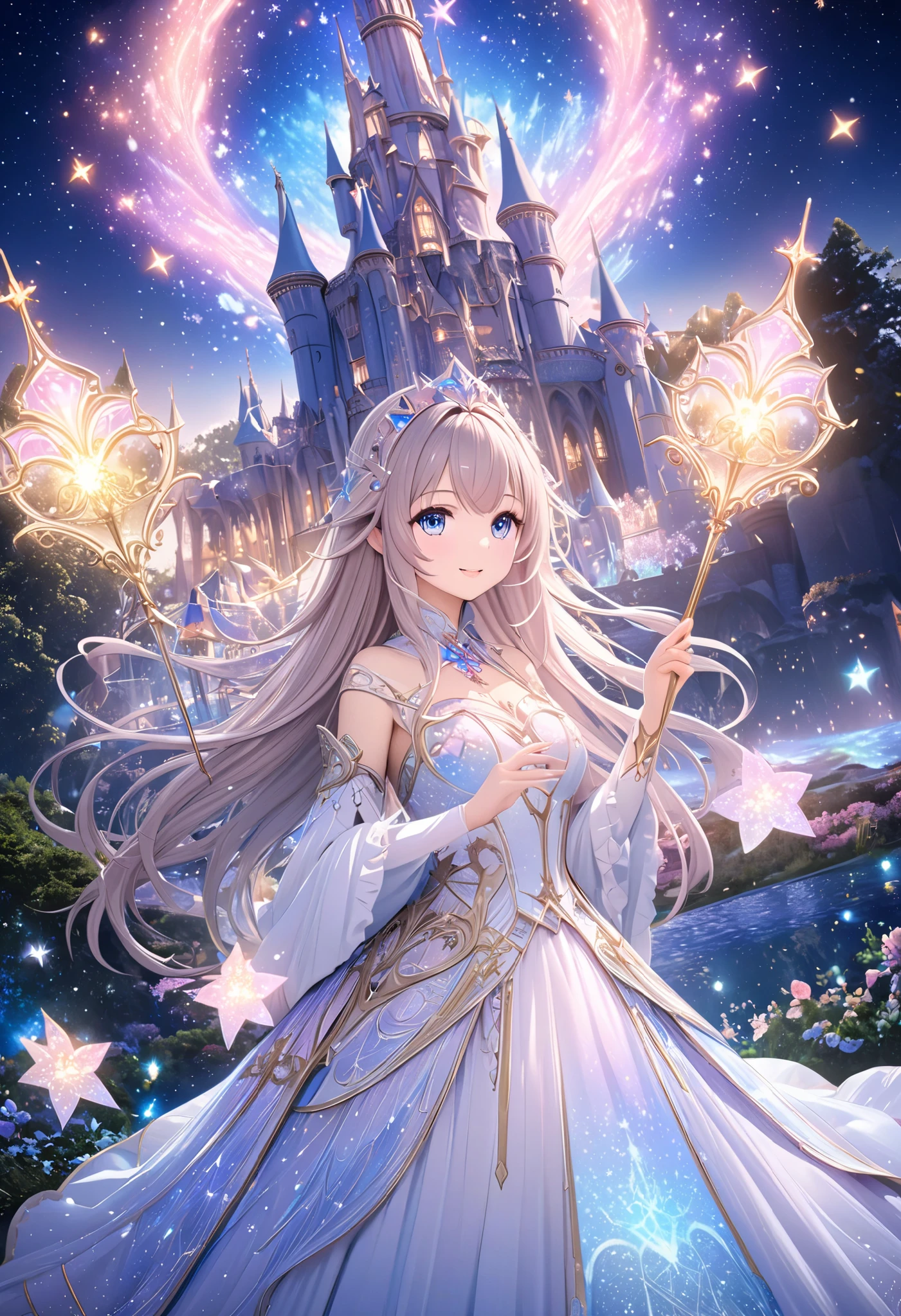  ( top quality, 8k,  high definition ,  high image quality,  Masterpiece), Fantastic starry sky,  Magical Girl waving a magic wand ,  the most beautiful anime girl, Starry Castle , Mystery,  fairy tale, Ultra Details, A magical night,  Dreamy Charm , Celestial Beauty ,  Wonder and Magic , Mysterious castle,  Fairy Tales in Reality ,  Radiant Elegance ,  Whimsical Charm ,  Magical Aura , Twinkling Stars, Guardian of the Light,  fantasy world, Night Wizard,  Fascinating Adventures ,  Legendary Tales ,  backgrounds, Detailed digital CG , 