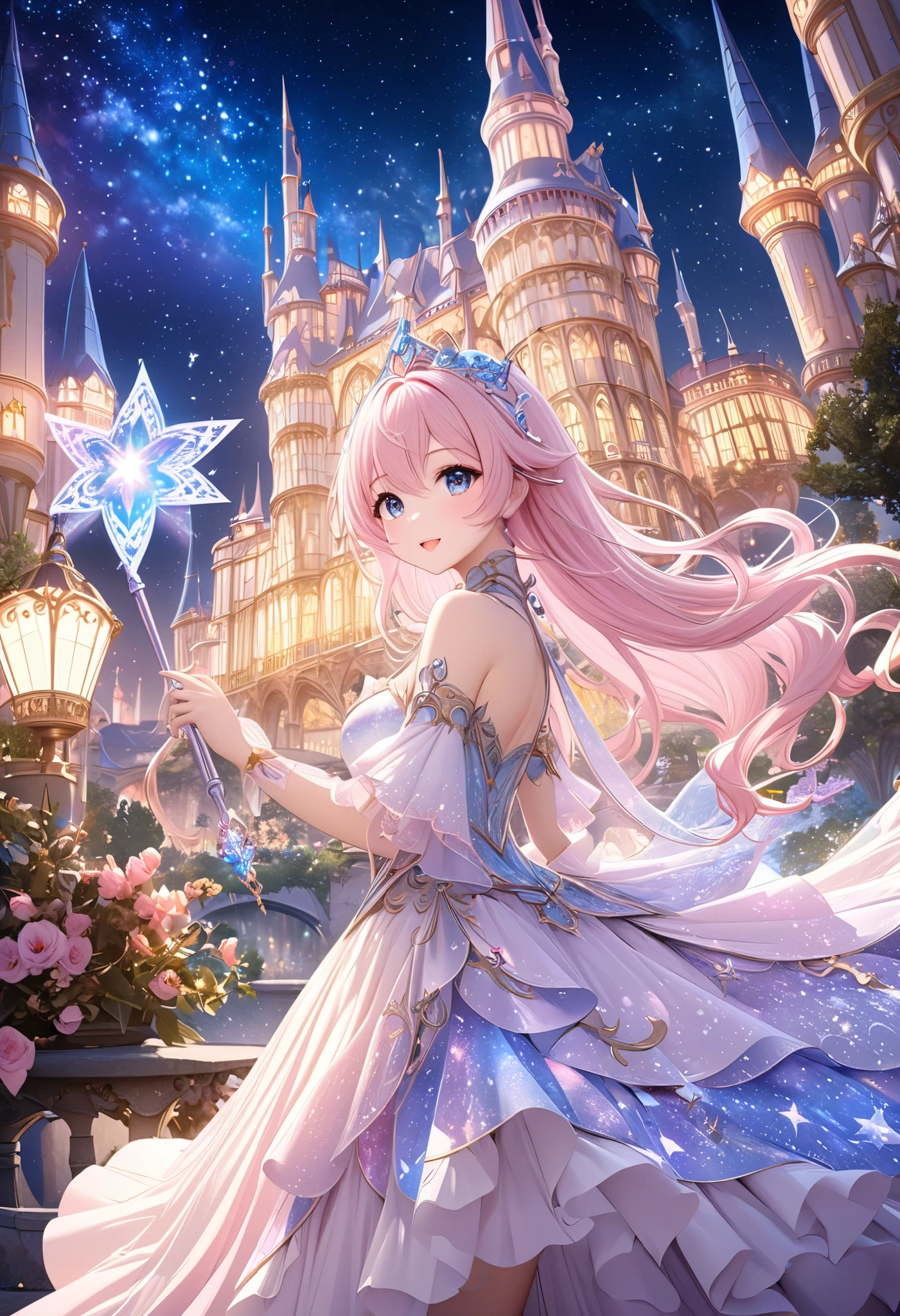  ( top quality, 8k,  high definition ,  high image quality,  Masterpiece), Fantastic starry sky,  Magical Girl waving a magic wand ,  the most beautiful anime girl, Starry Castle , Mystery,  fairy tale, Ultra Details, A magical night,  Dreamy Charm , Celestial Beauty ,  Wonder and Magic , Mysterious castle,  Fairy Tales in Reality ,  Radiant Elegance ,  Whimsical Charm ,  Magical Aura , Twinkling Stars, Guardian of the Light,  fantasy world, Night Wizard,  Fascinating Adventures ,  Legendary Tales ,  backgrounds, Detailed digital CG , 