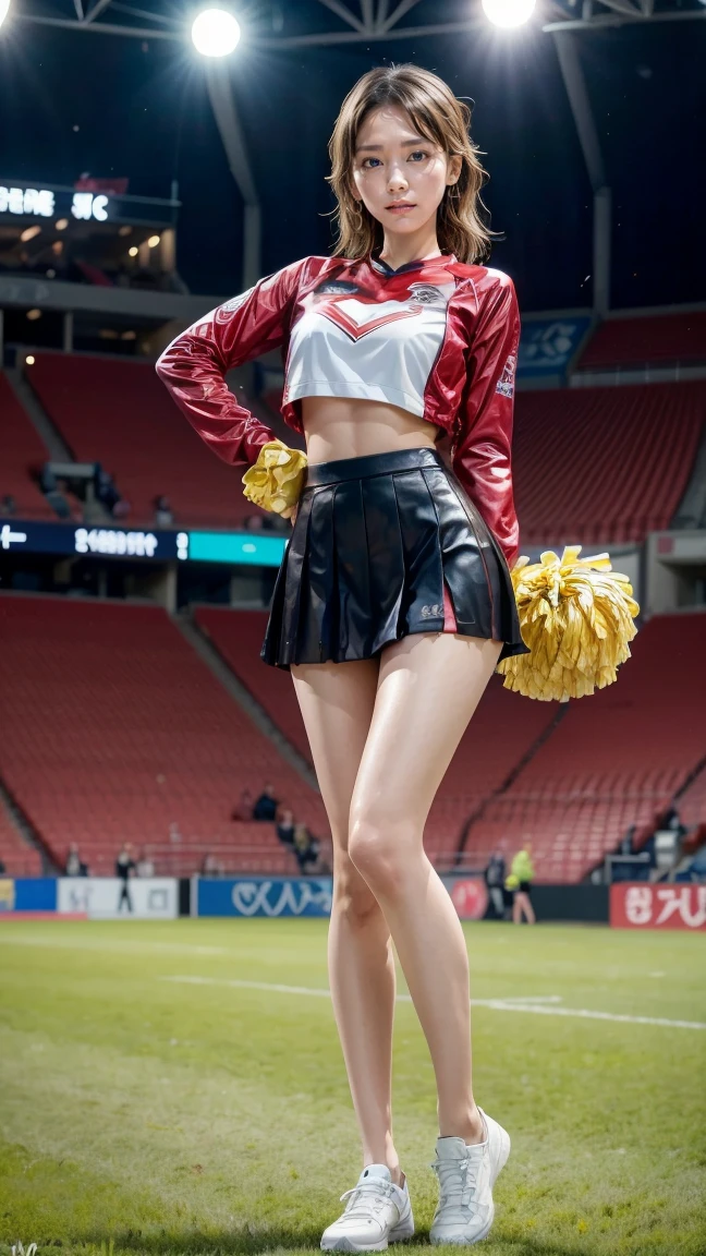 A beautiful young Japanese woman, 20 years old, with perfect anatomy, healthy thighs, beautiful feet, flawless skin, random hair color and style, large bust, (she is standing:1.2), wearing a cheerleader uniform with micro-pleated miniskirt, in a full body shot, standing in a stadium, (best quality,4k,8k, highres, masterpiece:1.3), (extremely detailed:1.2), Yui Aragaki