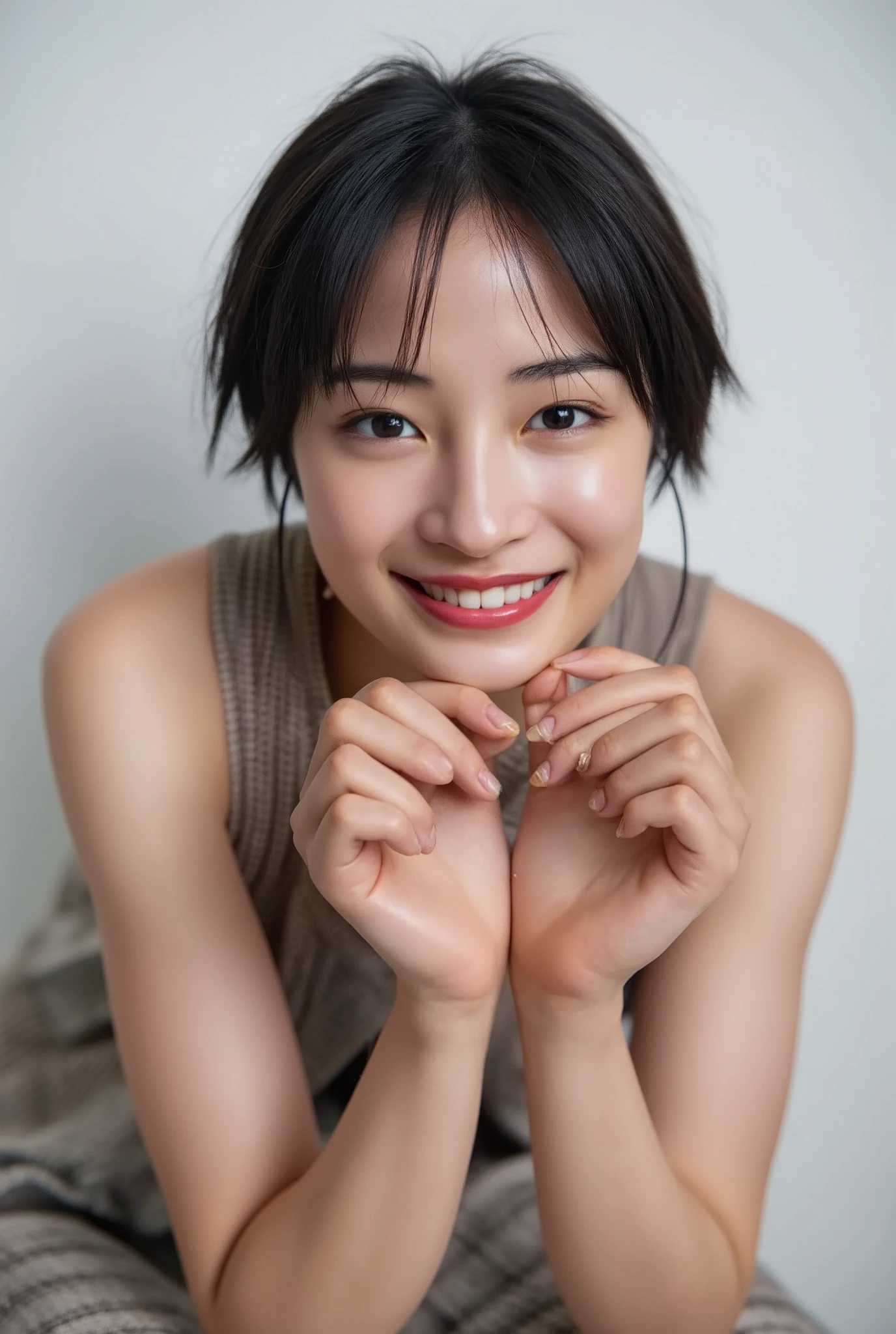 smile making a heart shape with hands:2.0、 (Super accurate humility、 RAW photo、8k、32K、 Masterpiece 、 realistic 、 photorealistic:1.37)、Cute JapaIt isse women images、 tank top in front of urinal、 Shot in natural light、 upper body、 1 girl、Photo Mapping、Physically Based Rendering、 high image quality、 high definition 、1080P、( beautiful face)、(Detailed description of the face)、( Detailed description of the hand setter'Muscle area)、( CG in detail)、 rich details 、( Stunning Features :1.35)、( detail eyes)、 looking forward to your eyes、Delicate clavicle、 Various Poses、 若い女性の upper bodyの非常にリアルで詳細なポートレート。The skin is beautiful、 Soft light is reflected in the high part of the cheek .、FiIt is pores and hair follicles、Even the thinIt isst blood vessels are visible。The skin is smooth、natural flushing of cheeks 、Healthy glow。 The eyes are large and clear blue、The iris has a fiIt is pattern、The light reflects off your eyes and shiIt iss。 There is a slight shadow under her eye 、 Her eyelashes are long and naturally curled。 her lips are soft pink 、Smooth texture and natural shiIt is、 Slightly reflects light。 the woman wears a simple white top .、 background is pale black and white gradation .、焦点は顔と upper bodyに完全に集中しています 。 realistic shadows and textures、 picture-like depiction.It is