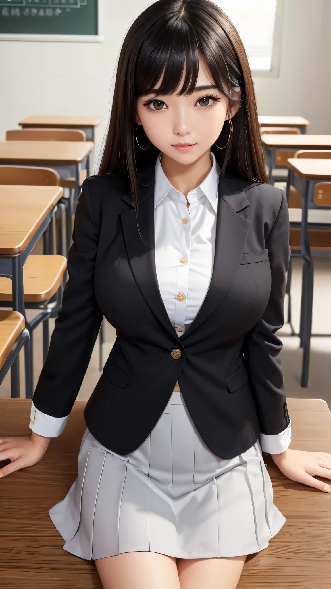 ((high quality)), ((Tabletop)), (Detailed face), (highlight), Asian Girl、Big breasts、thigh、Black Hair、Heavy bangs、high school girl、skirt、blazer、