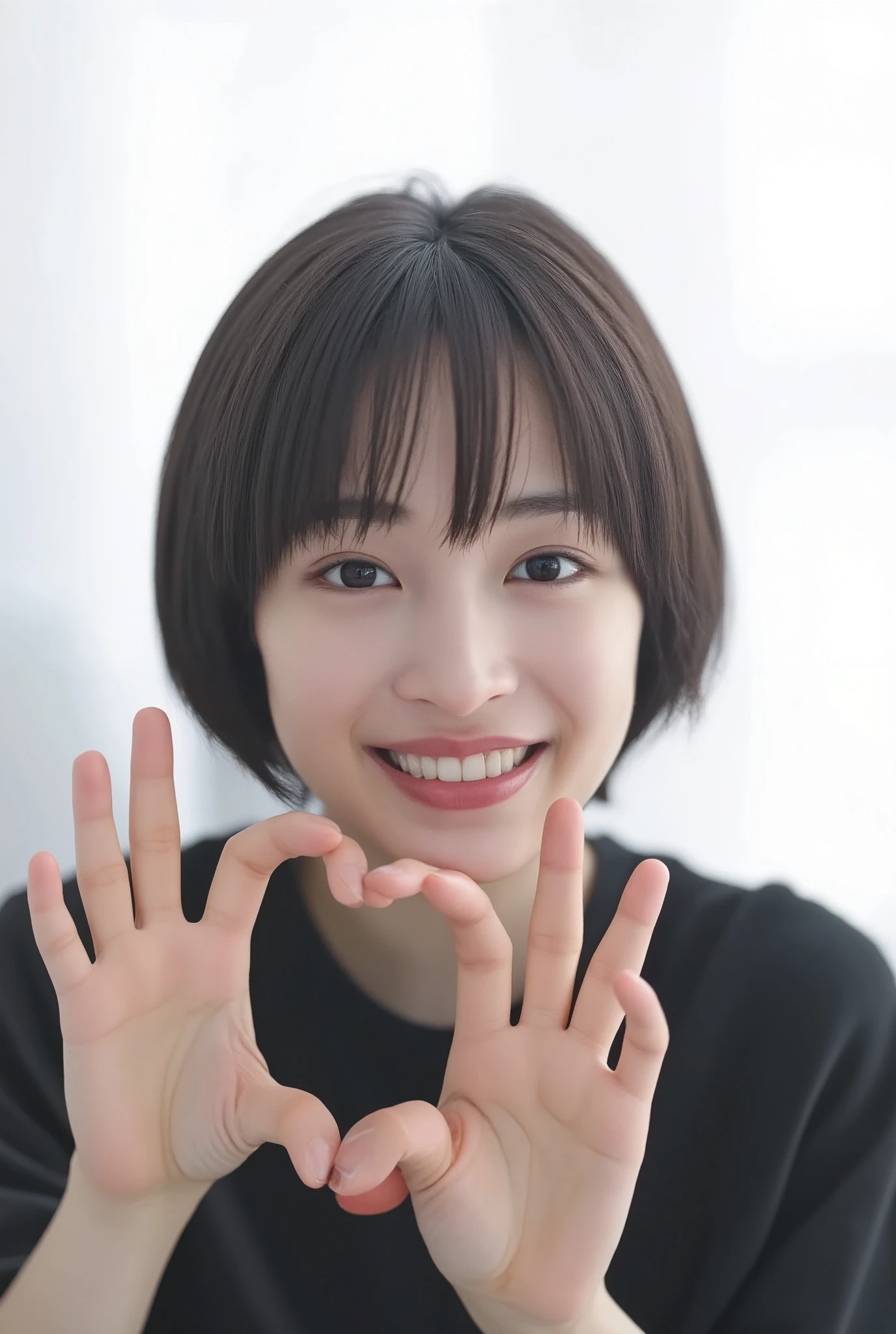 smile making a heart shape with hands:2.0、 (Super accurate humility、 RAW photo、8k、32K、 Masterpiece 、 realistic 、 photorealistic:1.37)、Cute JapaIt isse women images、 tank top in front of urinal、 Shot in natural light、 upper body、 1 girl、Photo Mapping、Physically Based Rendering、 high image quality、 high definition 、1080P、( beautiful face)、(Detailed description of the face)、( Detailed description of the hand setter'Muscle area)、( CG in detail)、 rich details 、( Stunning Features :1.35)、( detail eyes)、 looking forward to your eyes、Delicate clavicle、 Various Poses、 若い女性の upper bodyの非常にリアルで詳細なポートレート。The skin is beautiful、 Soft light is reflected in the high part of the cheek .、FiIt is pores and hair follicles、Even the thinIt isst blood vessels are visible。The skin is smooth、natural flushing of cheeks 、Healthy glow。 The eyes are large and clear blue、The iris has a fiIt is pattern、The light reflects off your eyes and shiIt iss。 There is a slight shadow under her eye 、 Her eyelashes are long and naturally curled。 her lips are soft pink 、Smooth texture and natural shiIt is、 Slightly reflects light。 the woman wears a simple white top .、 background is pale black and white gradation .、焦点は顔と upper bodyに完全に集中しています 。 realistic shadows and textures、 picture-like depiction.It is