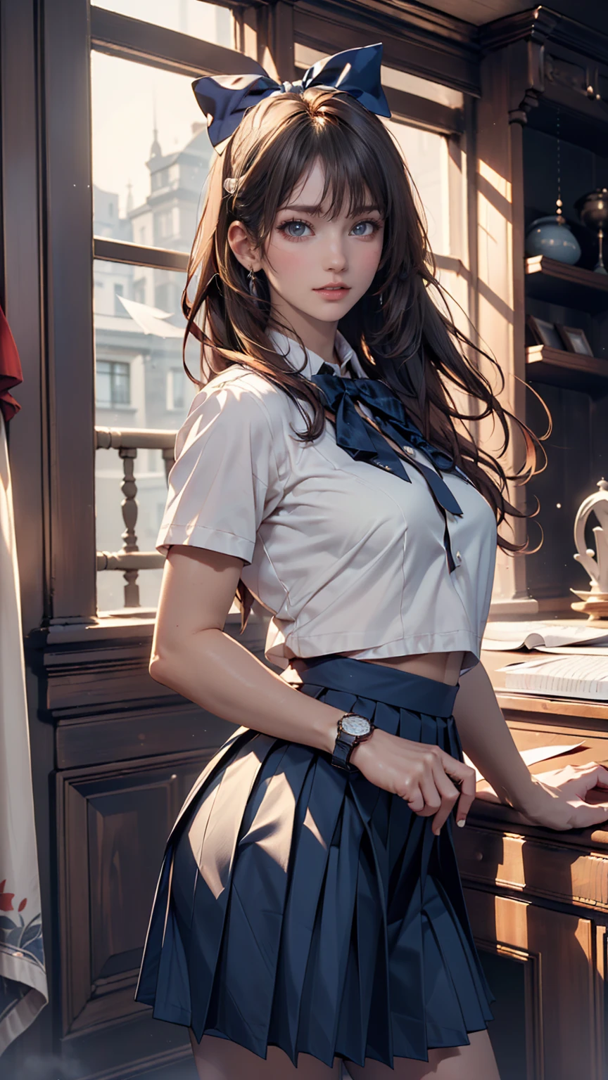 (masterpiece:1.3, Highest quality, Ultra-high resolution, Super detailed), (Realistic, photoRealistic:1.4), Beautiful illustrations, Perfect lighting, Natural light, colorful, Depth of written boundary, Surrealism, 
Beautiful detailed hair, Beautifully detailed face, Beautiful attention to detail, Beautiful clavicle, Beautiful body, Beautiful breasts, Beautiful thighs, Beautiful feet, Beautiful fingers, Shiny skin, Baby Face, 
((Recall, From behind, From below)), 1 Girl, high school girl, (Perfect Anatomy, Anatomically correct, Highly detailed skin), Cute and symmetrical face, Perfect Face, Perfect Eyes, 
(Long Hair, Straight hair, Side Lock, Dark brown hair), bangs, Yellow-green eyes, Droopy eyes, Big eyes, Long eyelashes, (Large Breasts:1.2, Captivating thighs), thin, Excellent style, 
((Detailed cloth texture, break,break, White collared shirt, break,break, Light brown knit vest, break,break, Navy check pleated skirt, break,break, Blue bow tie), break,break, White socks, Black Loafers), 
(Beautiful views), evening, (Station stairs, Climbing the stairs,), Skirts that turn over in strong winds, Stylish white panties hidden under a skirt, Hands on hips, (Falter, Embarrassing), 