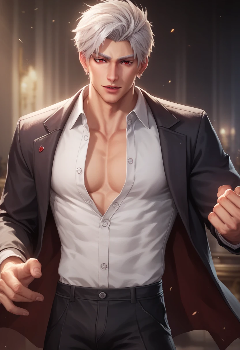 1 man, adult man, 30 years old man, solo, short hair, white hair,red eyes, long white eyelashes, silver jewelry, athletic build, silver ear piercing, pale skin sexy man, unbuttoned white shirt, black jacket, black pants, on the background of a homely atmosphere, portrait, looking at spectator, cinematic lighting, masterpiece, best quality, dynamic pose