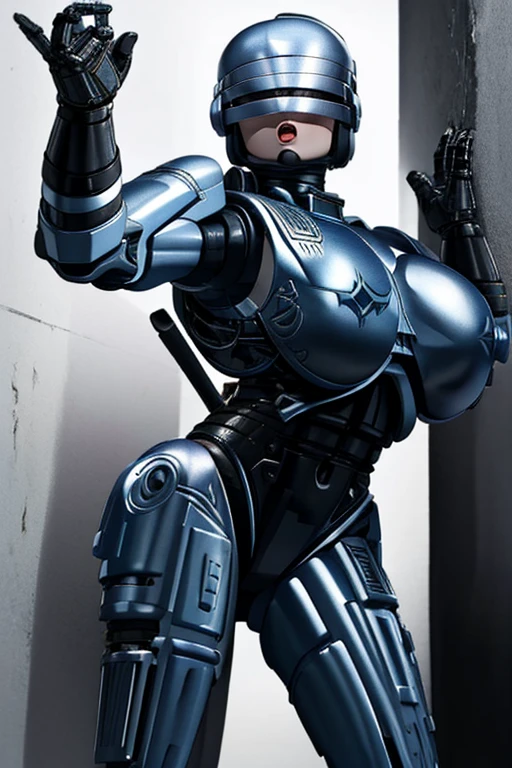 Female RoboCop, beautiful body, big breasts and butt, cornered against a wall, hands raised in surrender, frightened expression